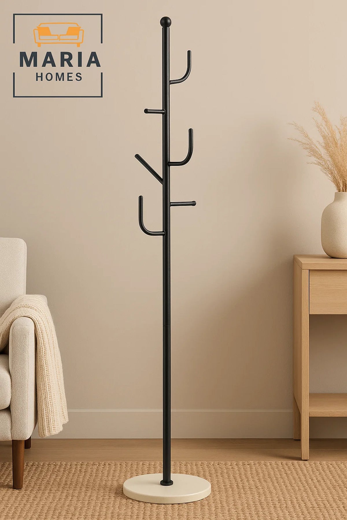Black Metal Coat Rack with Hooks and Round Marble Base