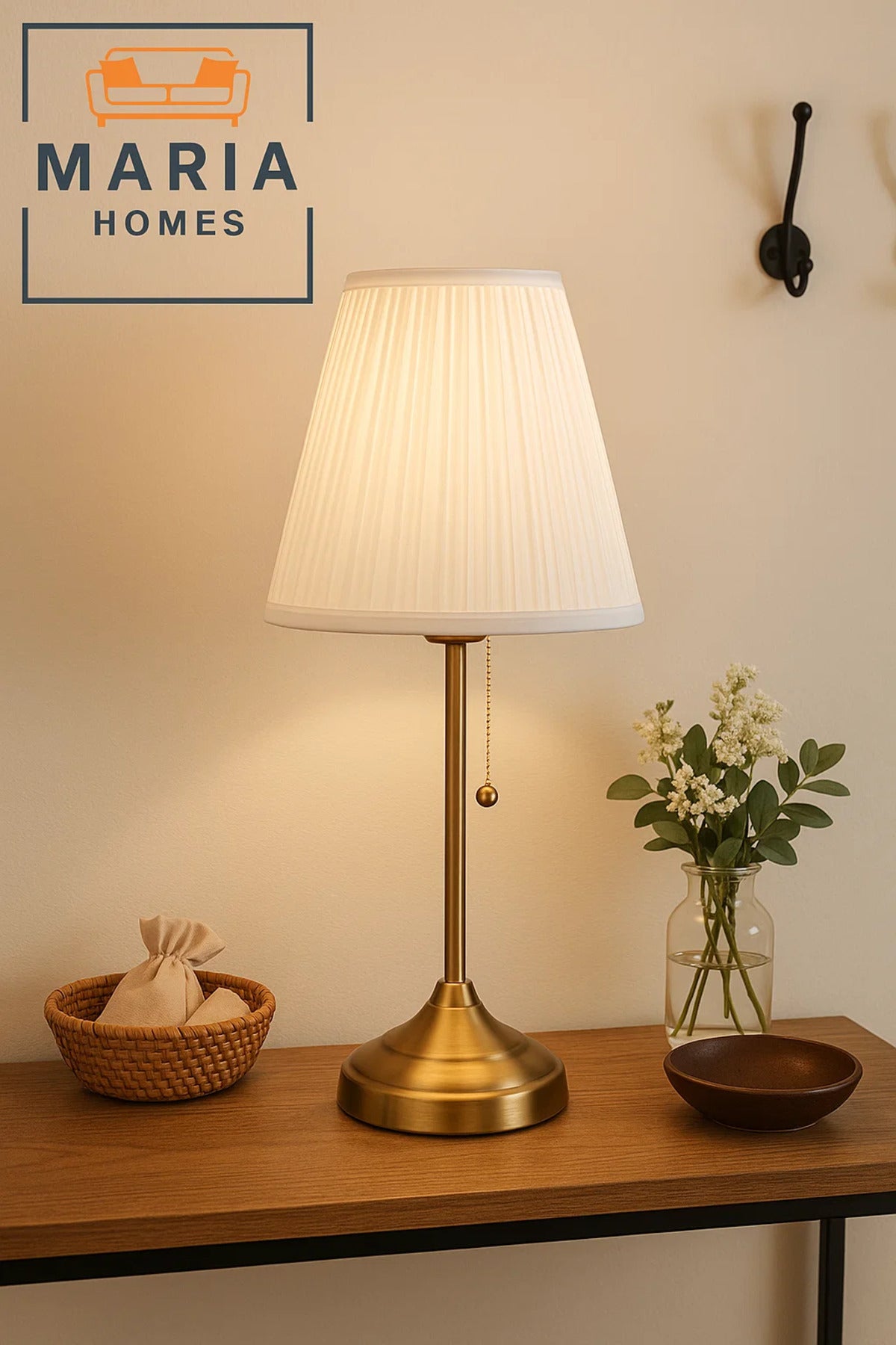 Vintage Brass Table Lamp with Pleated Shade for Cozy Bedroom or Entryway