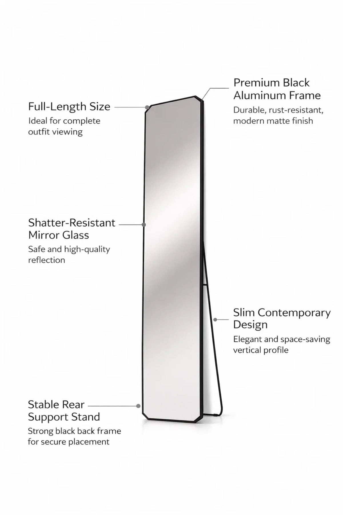 Modern Black Aluminum Full Body Standing Mirror Shatterproof Glass for Bedroom Decor 170x50cm