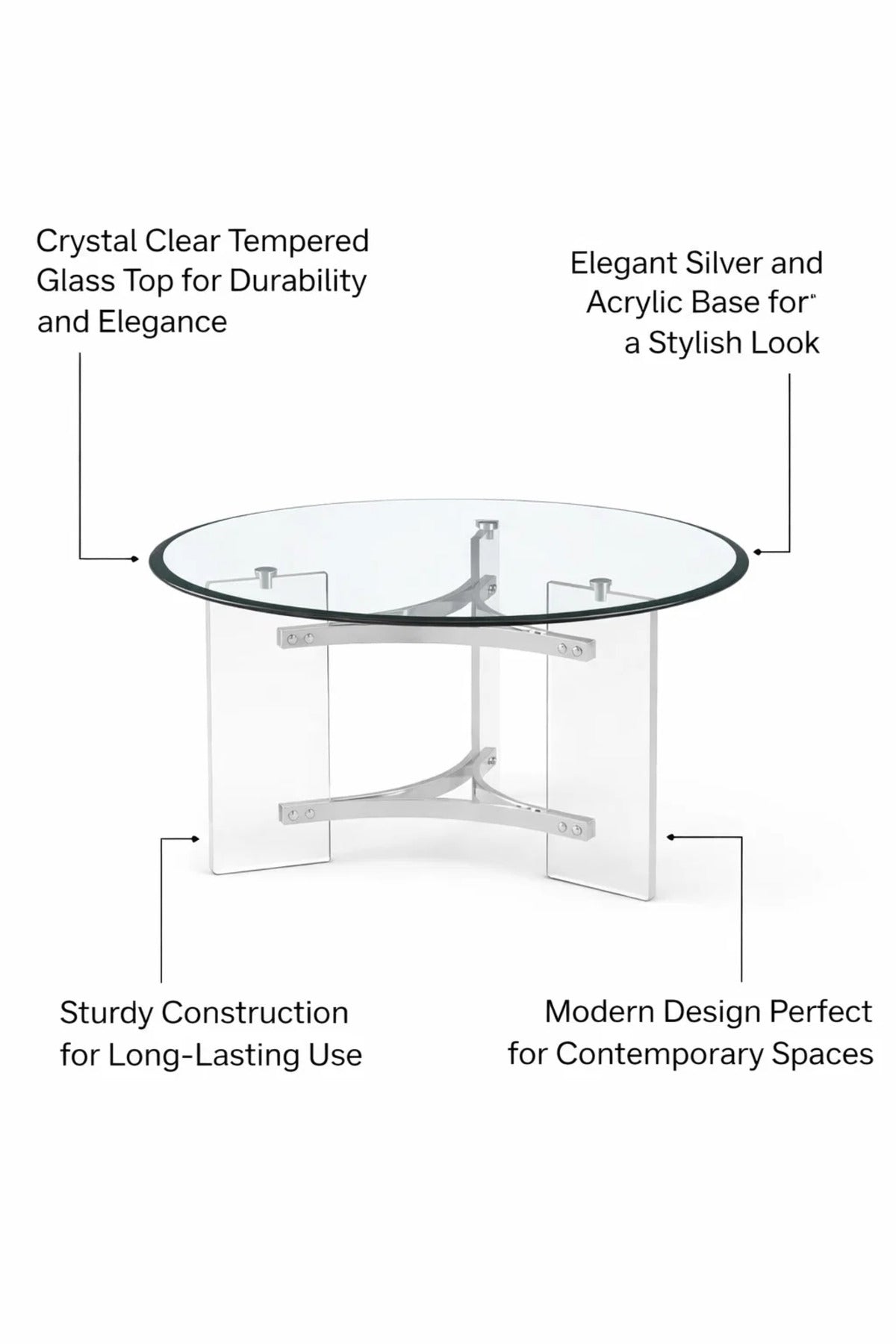 Luxury Round Glass Center Table with Transparent Acrylic Base and Silver Details for Home 90cm