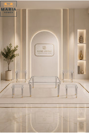 Rectangular Acrylic Center Table √ê Clear Top with Gold-Tipped Tapered Legs
