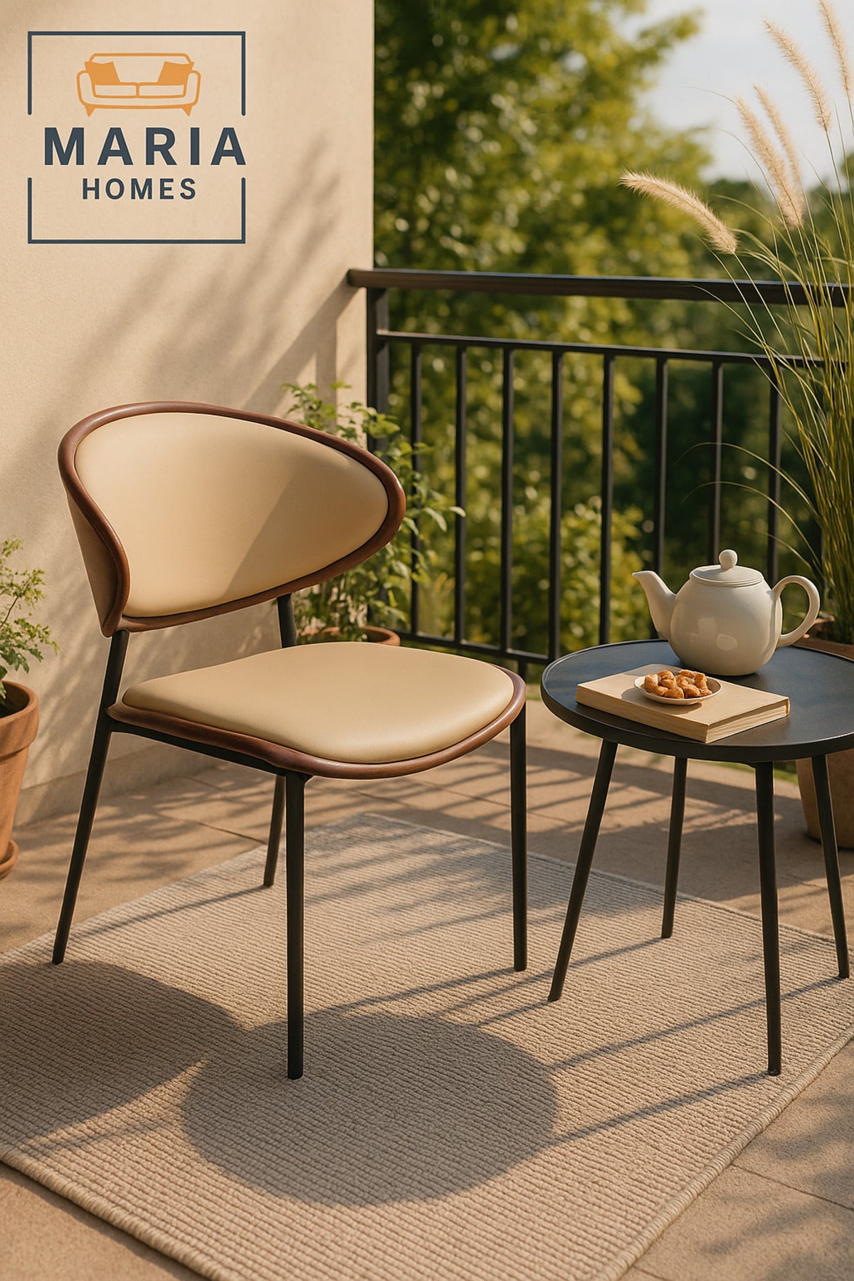 Modern Beige Dining Chair Ð Upholstered Seat with Wood Accent & Black Metal Legs