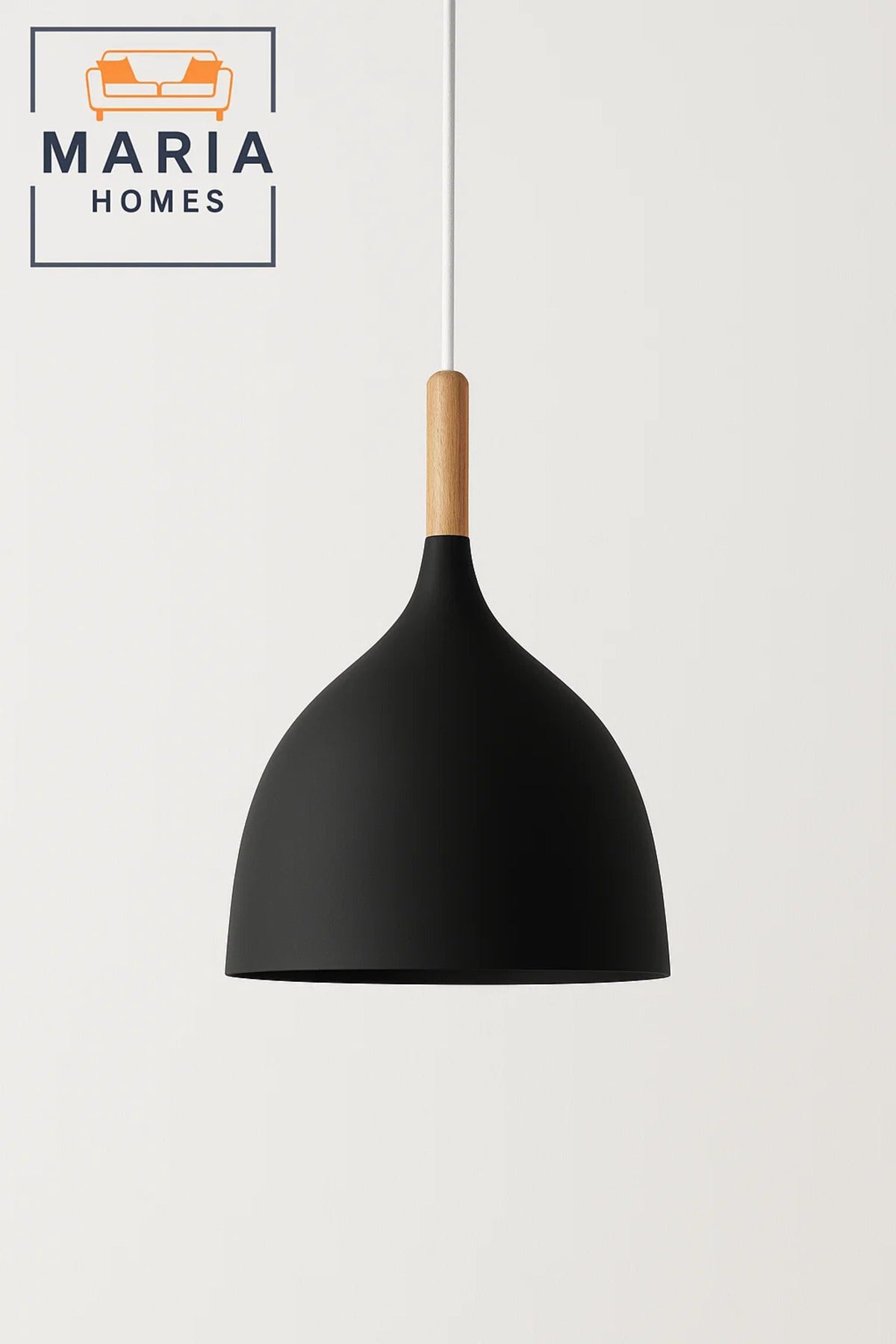Black Matte Pendant Light with Wooden Top