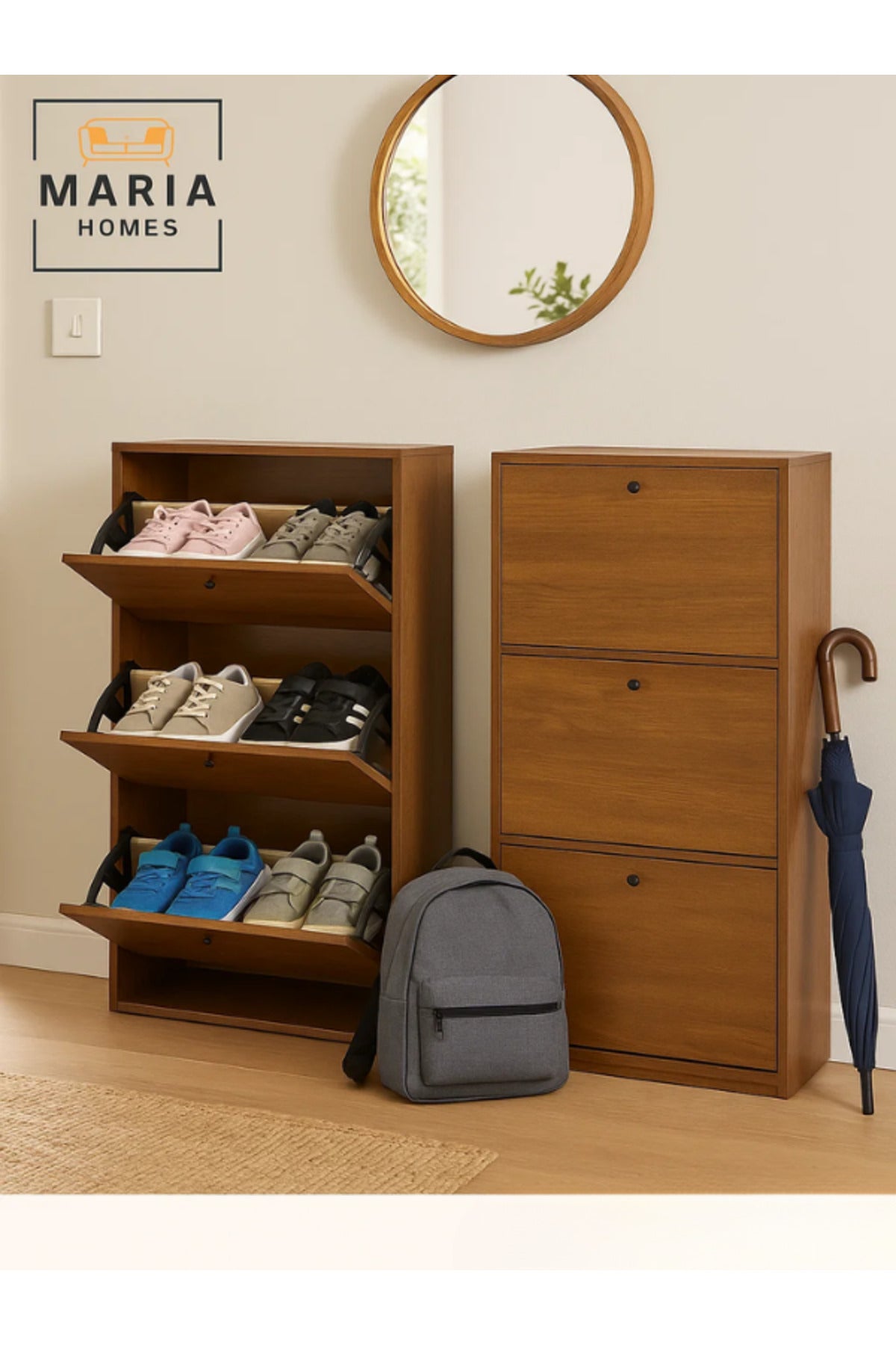 Brown Wooden Shoe Cabinet Ð 3 Tier Flip Drawer Shoe Storage 62_25_120 cm