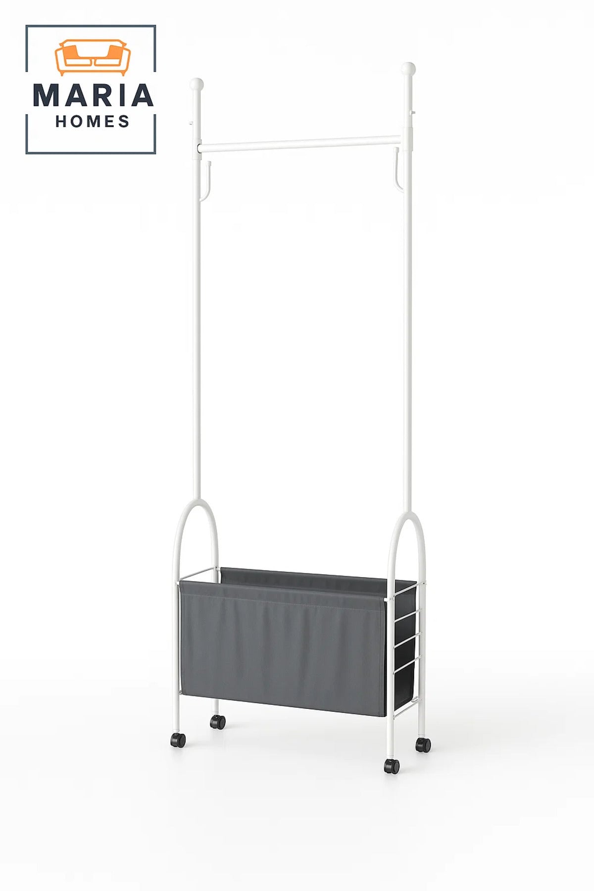 Modern White Metal Garment Rack with Fabric Storage Bin