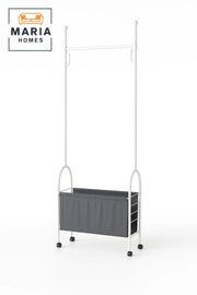 Modern White Metal Garment Rack with Fabric Storage Bin