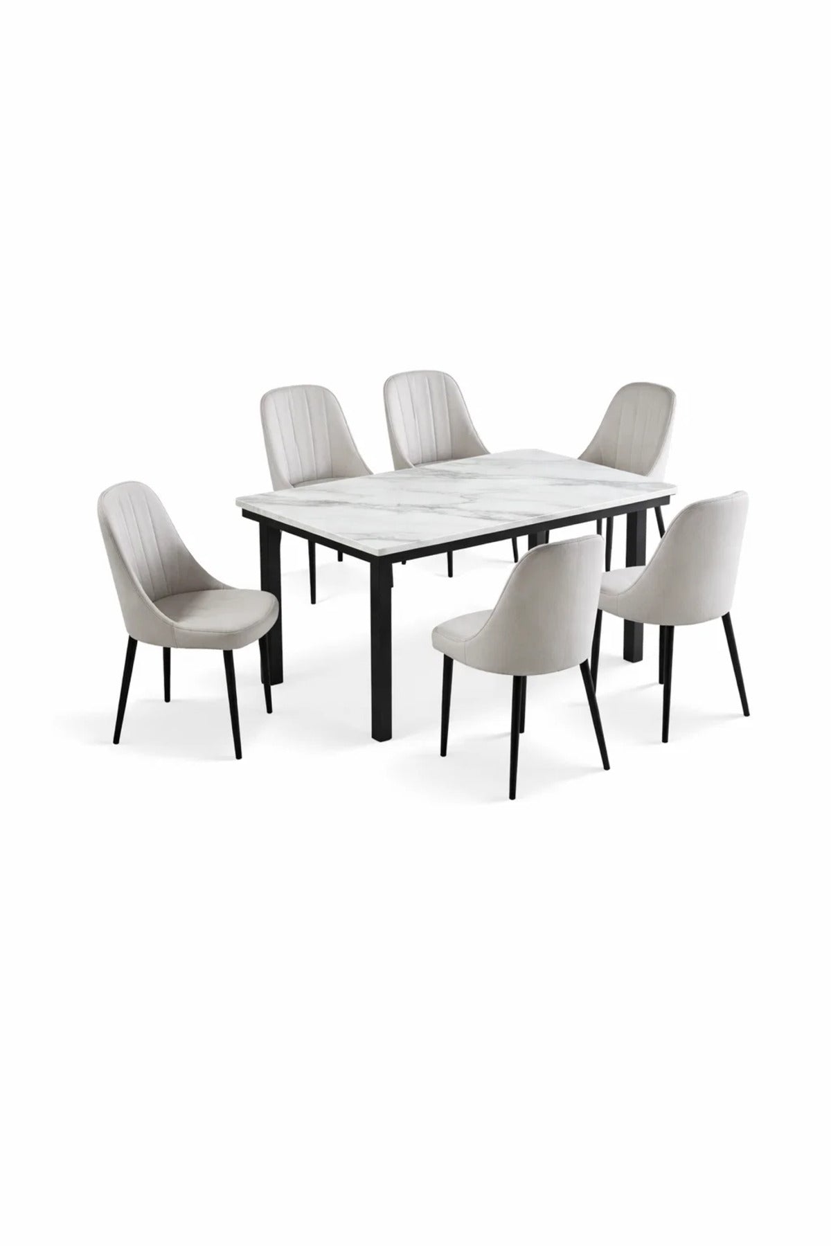 Contemporary 7-Piece Dining Room Set with White Faux Marble Table and Six Grey Tufted Chairs