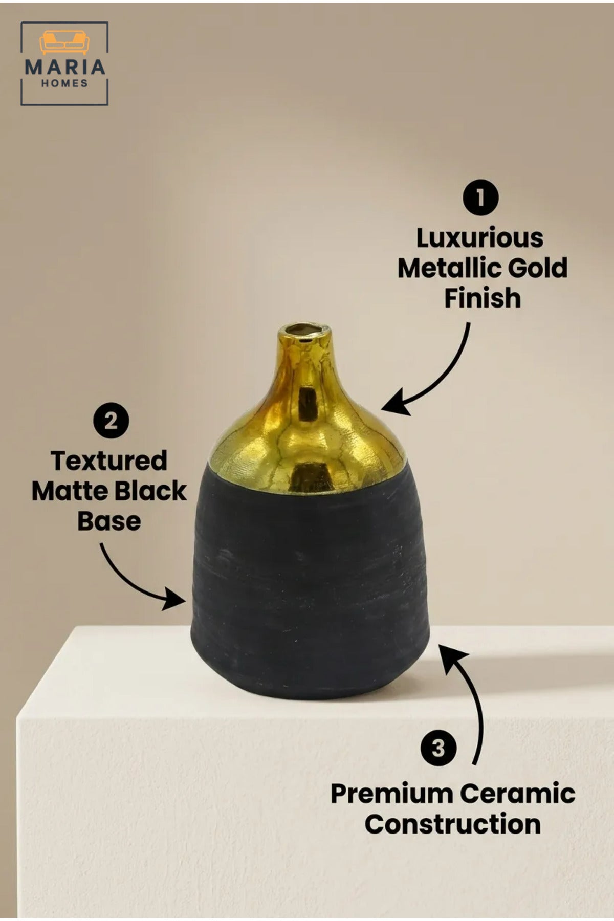 Modern Decorative Flower Vase with Gold-Tone Neck, Textured Rounded Body and Narrow Opening for Living Room, Bedroom, Office and Console Décor