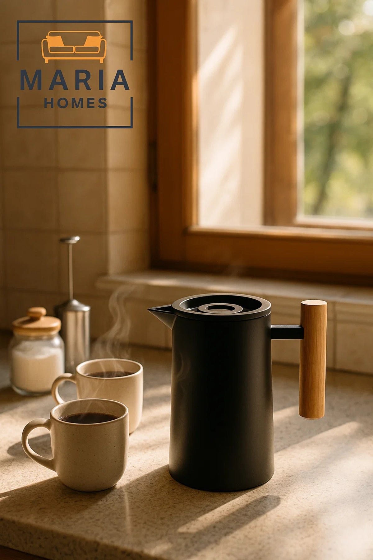 Matte Black Insulated Thermal Jug with Wooden Handle