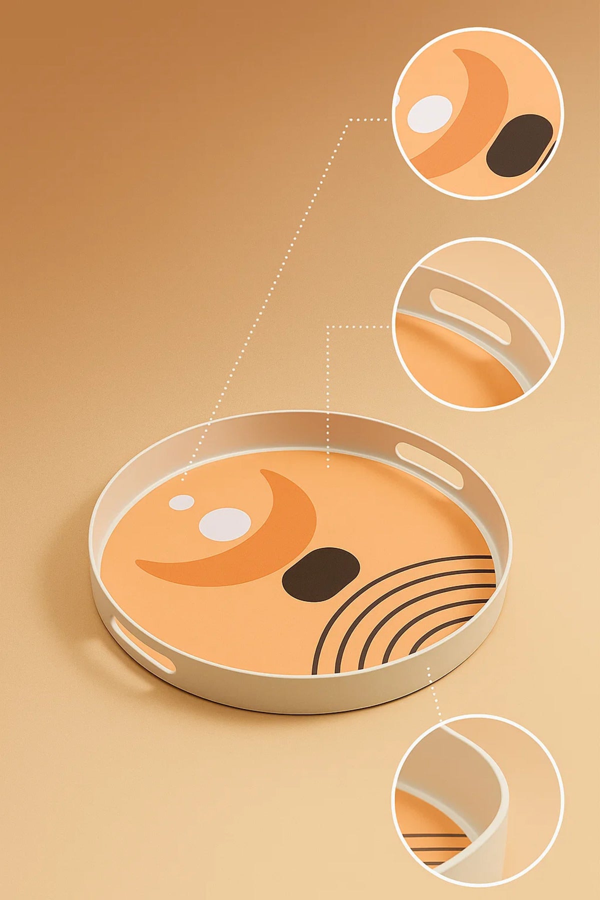 Round Serving Tray with Abstract Peach-Tone Design and Cutout Handles