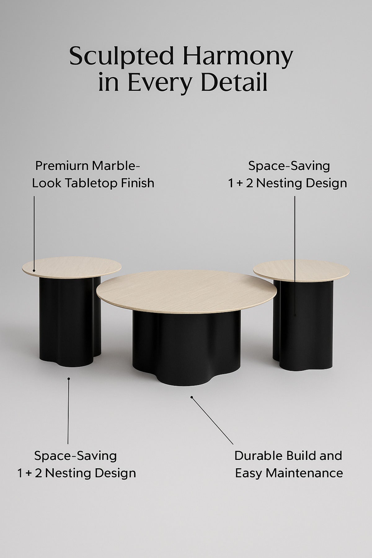 3Piece Round Coffee Table Set Beige Marble Top with Black Base 1 Large + 2 Small Modern Tables