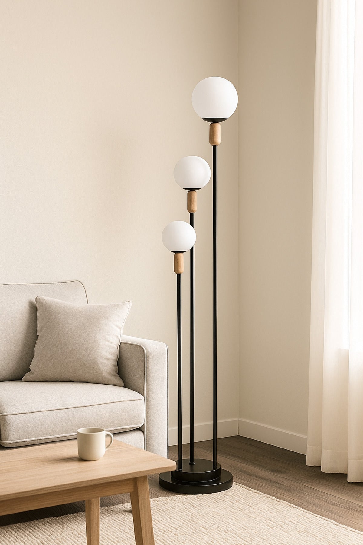 Modern Black Floor Lamp with Triple White Globe Lights Metal Stand for Living Room & Bedroom