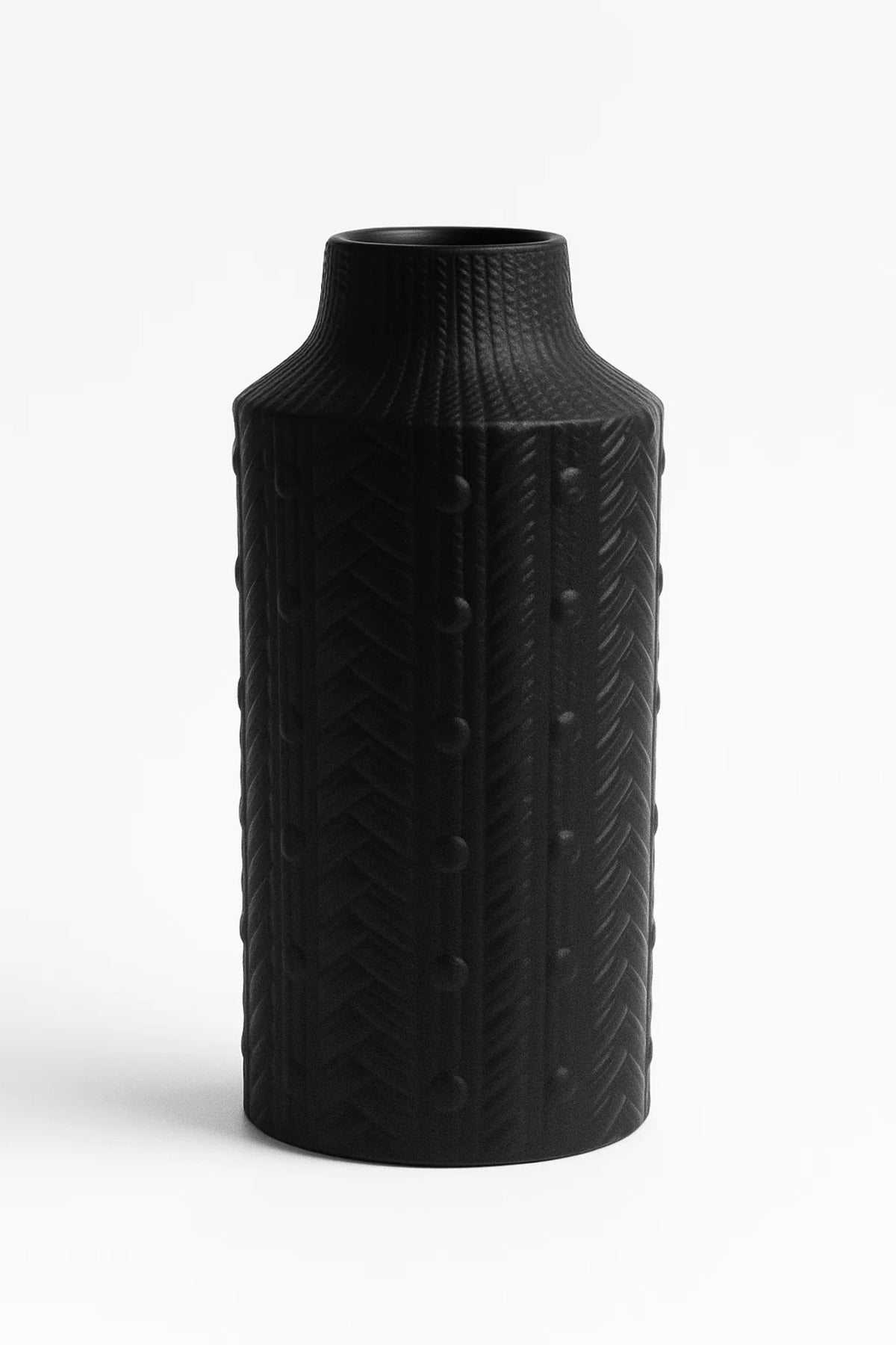 Black Textured Ceramic Vase Ð Modern Matte Decorative Flower Pot with Embossed Geometric Pattern