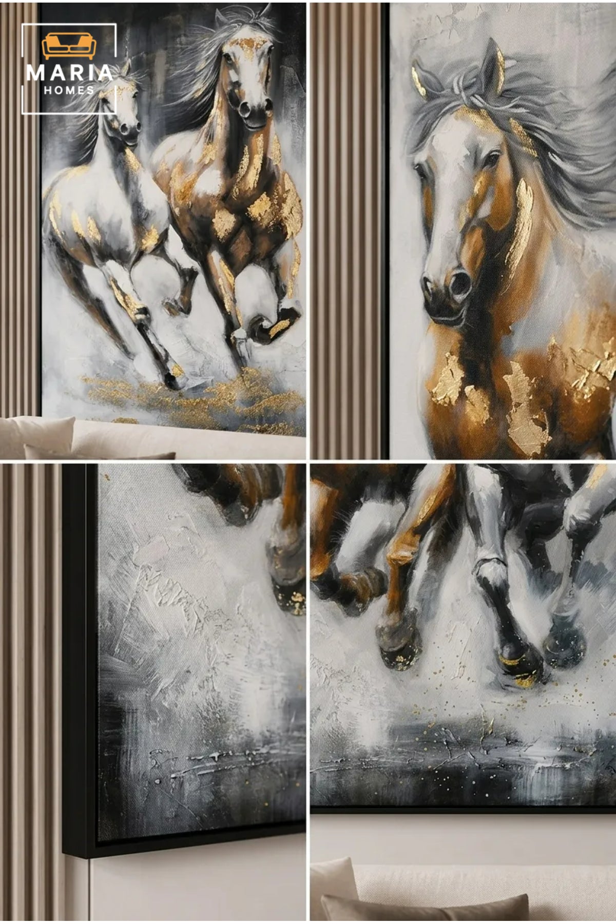 Luxury Horse Framed Wall Art Set of 2 √ê Modern Running Horses Painting for Living Room, Bedroom, Hallway & Office D≈Ωcor