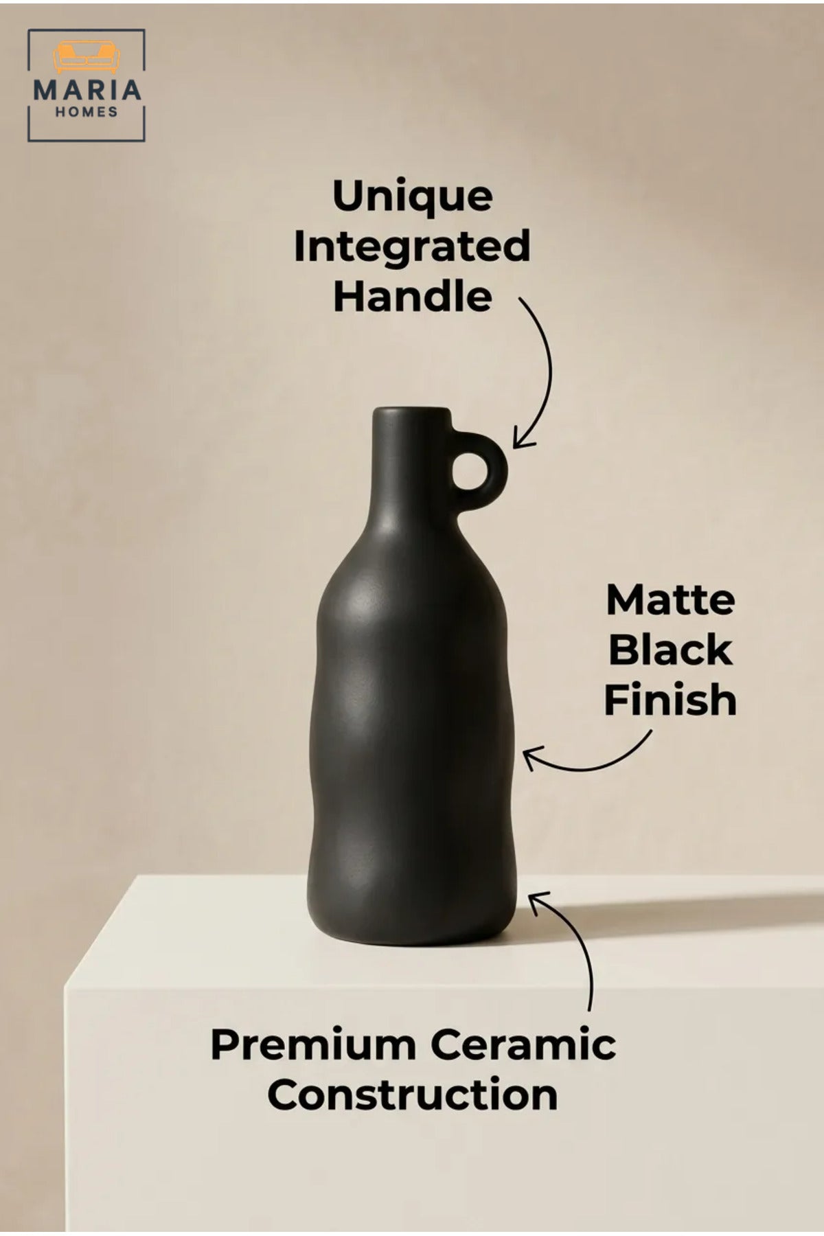 Modern Tall Decorative Flower Vase with Small Loop Handle, Narrow Neck and Sculptural Bottle Shape for Living Room, Bedroom, Office and Console Décor