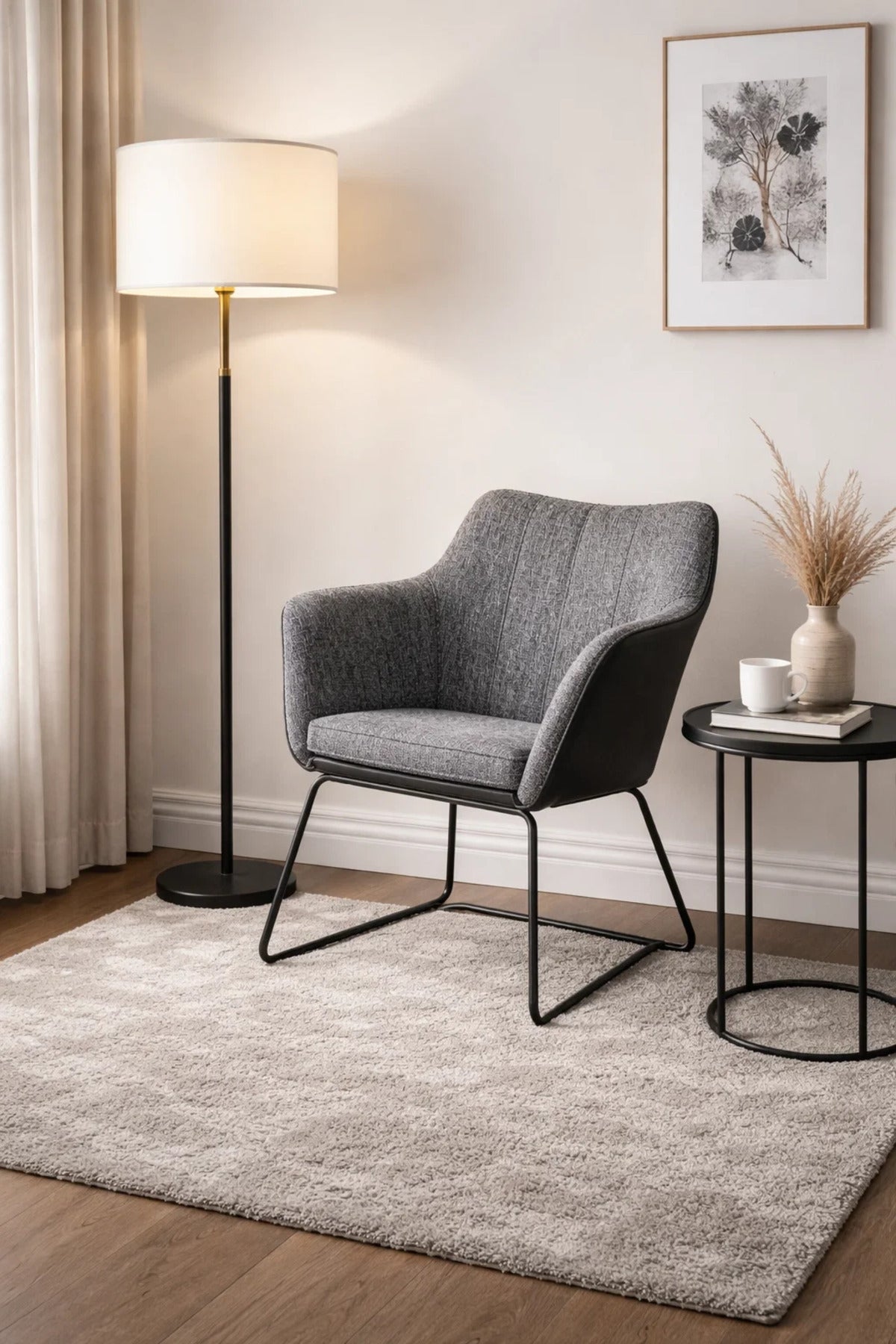 Contemporary Grey Fabric Dining Chair with Black Leather Back and Sled Legs for Modern Interiors