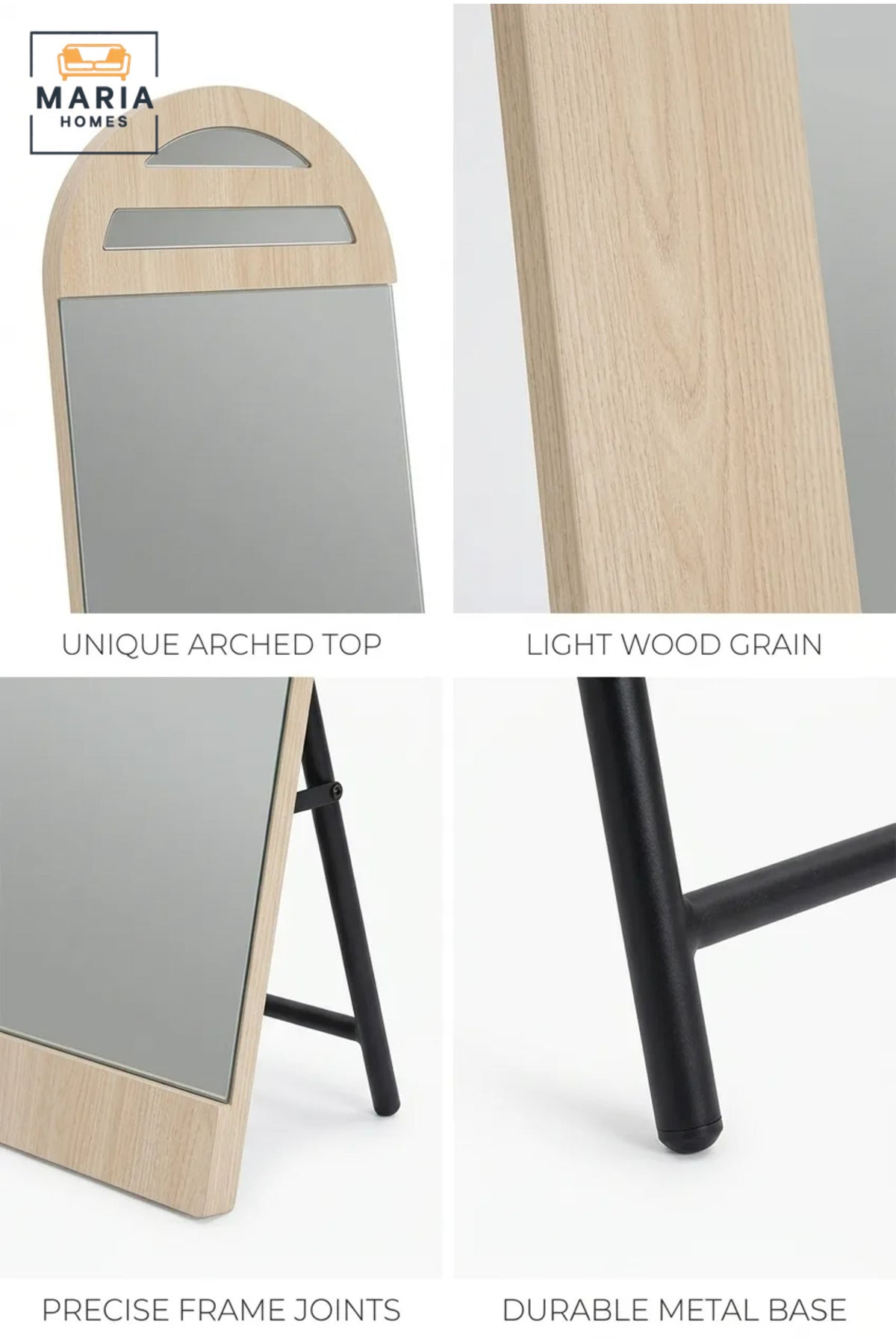 Modern Full Length Floor Mirror with Arched Wooden Frame and Freestanding Support, Dressing Mirror for Bedroom, Entryway, Wardrobe, Salon and Boutique