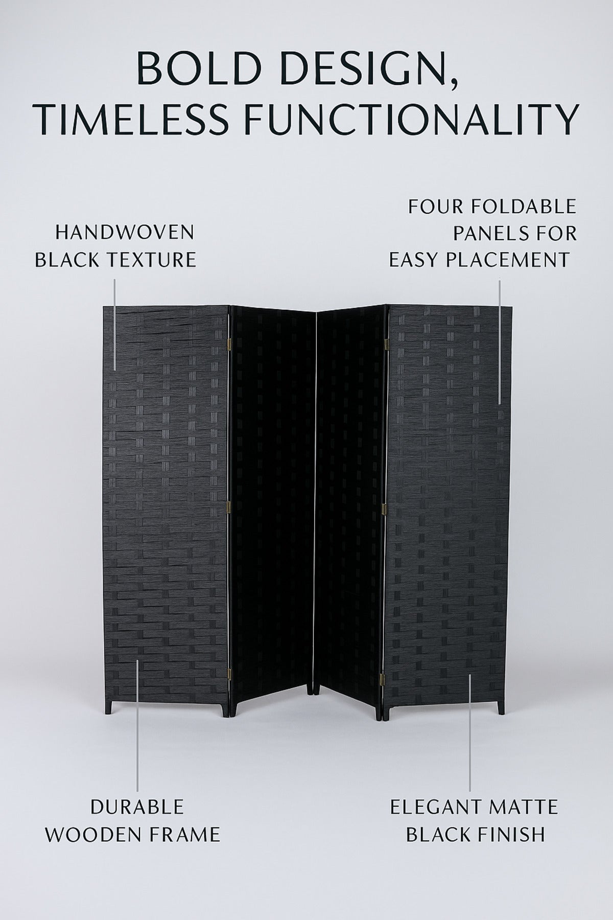 4-Panel Woven Room Divider Ð 180_180 cm Foldable Privacy Screen in Elegant Black
