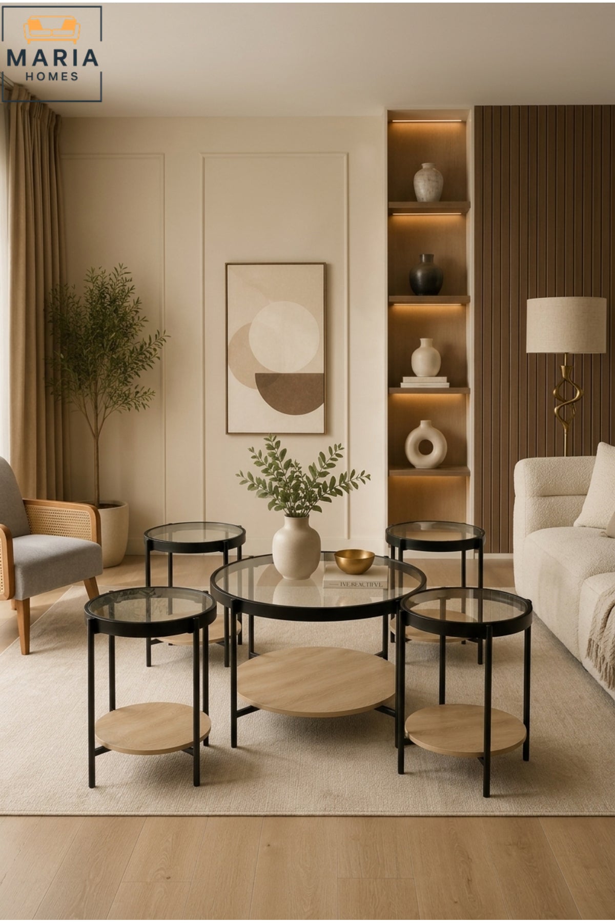 Modern Center Table Set √ê Glass Top with Metal Base, Living Room Coffee Table