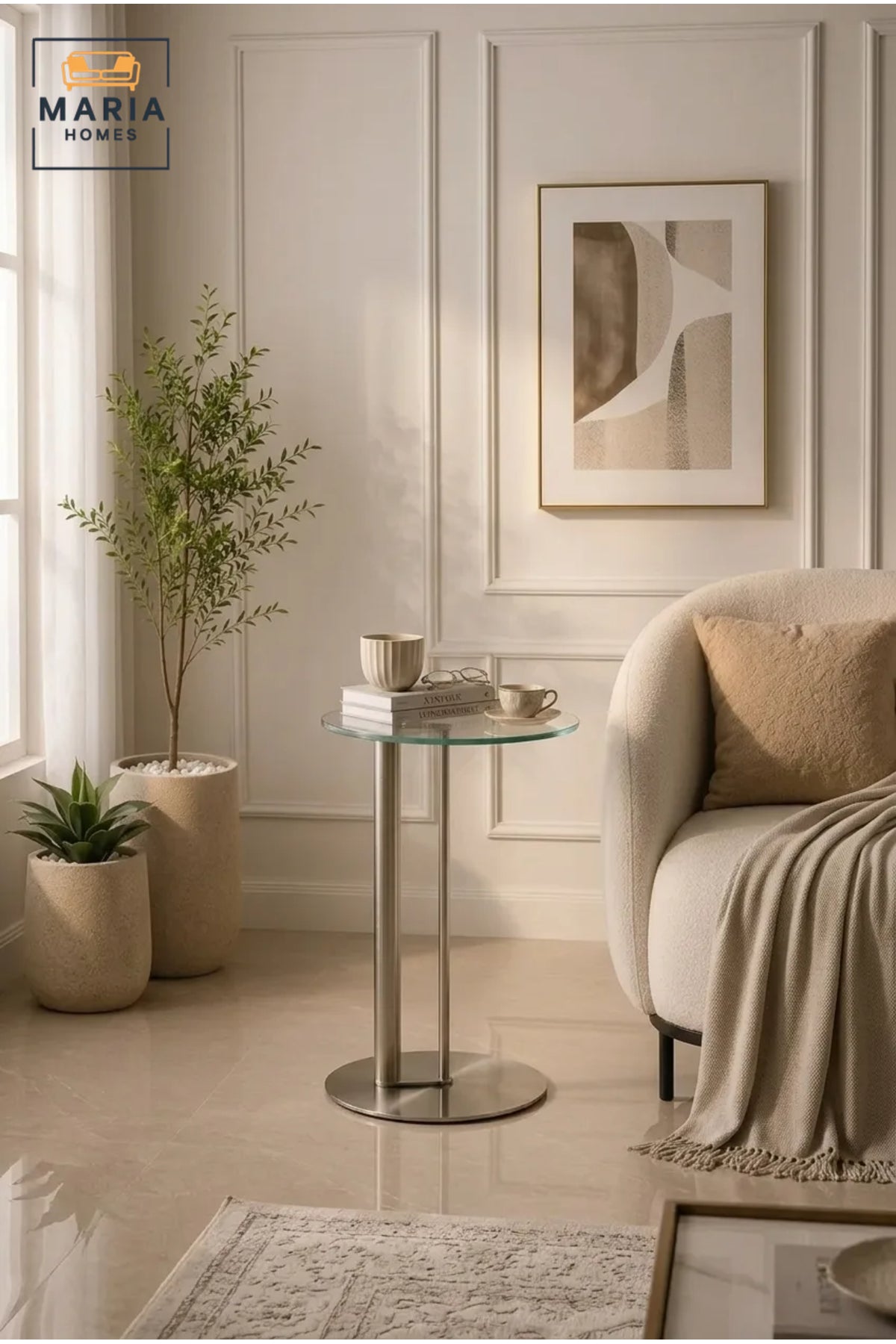 Modern Round Glass Side Table with Brushed Stainless Steel Base and Contemporary Accent Design