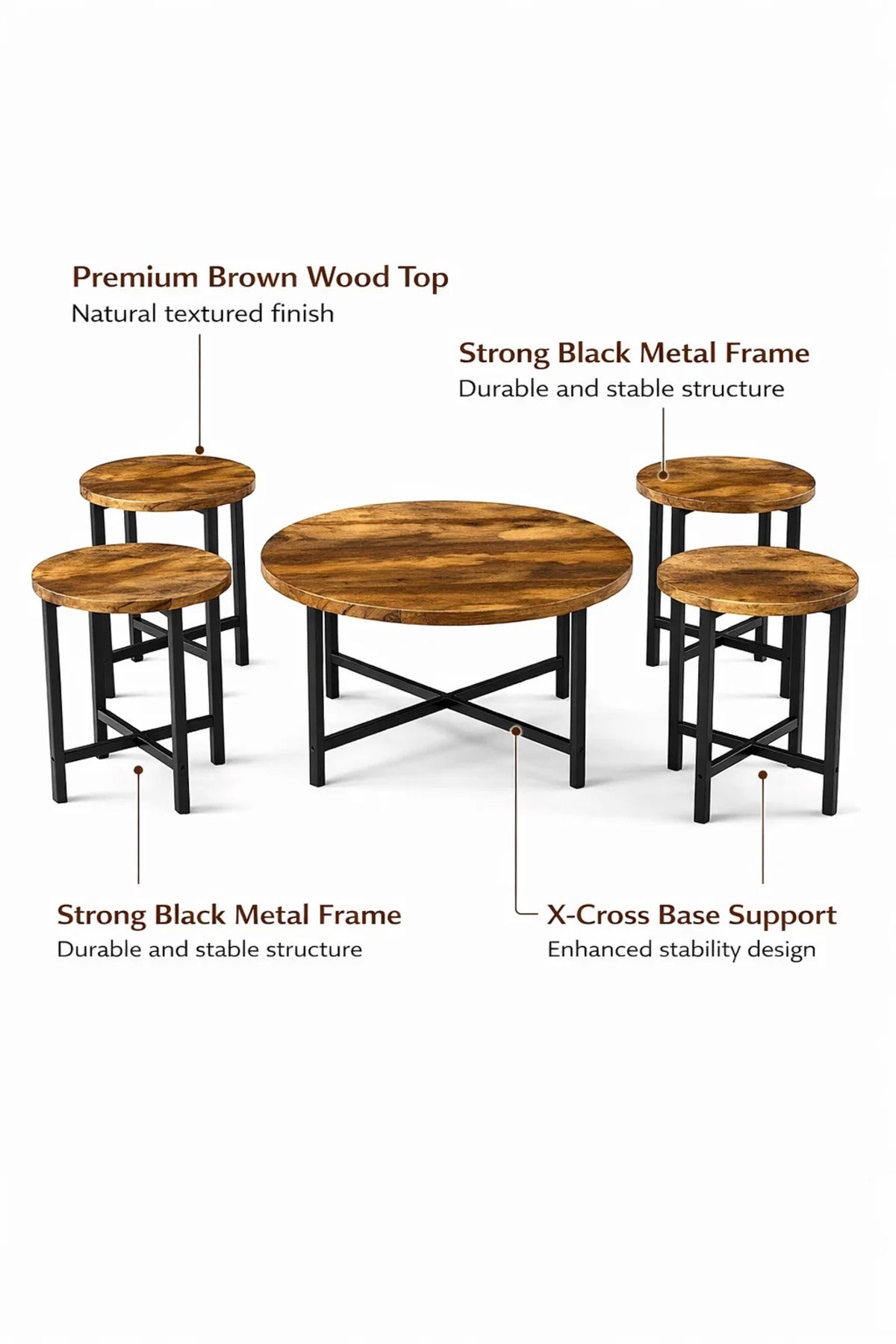 Industrial 5-Piece Round Coffee Table Set Rustic Brown Wood Center Table with 4 End Tables Home