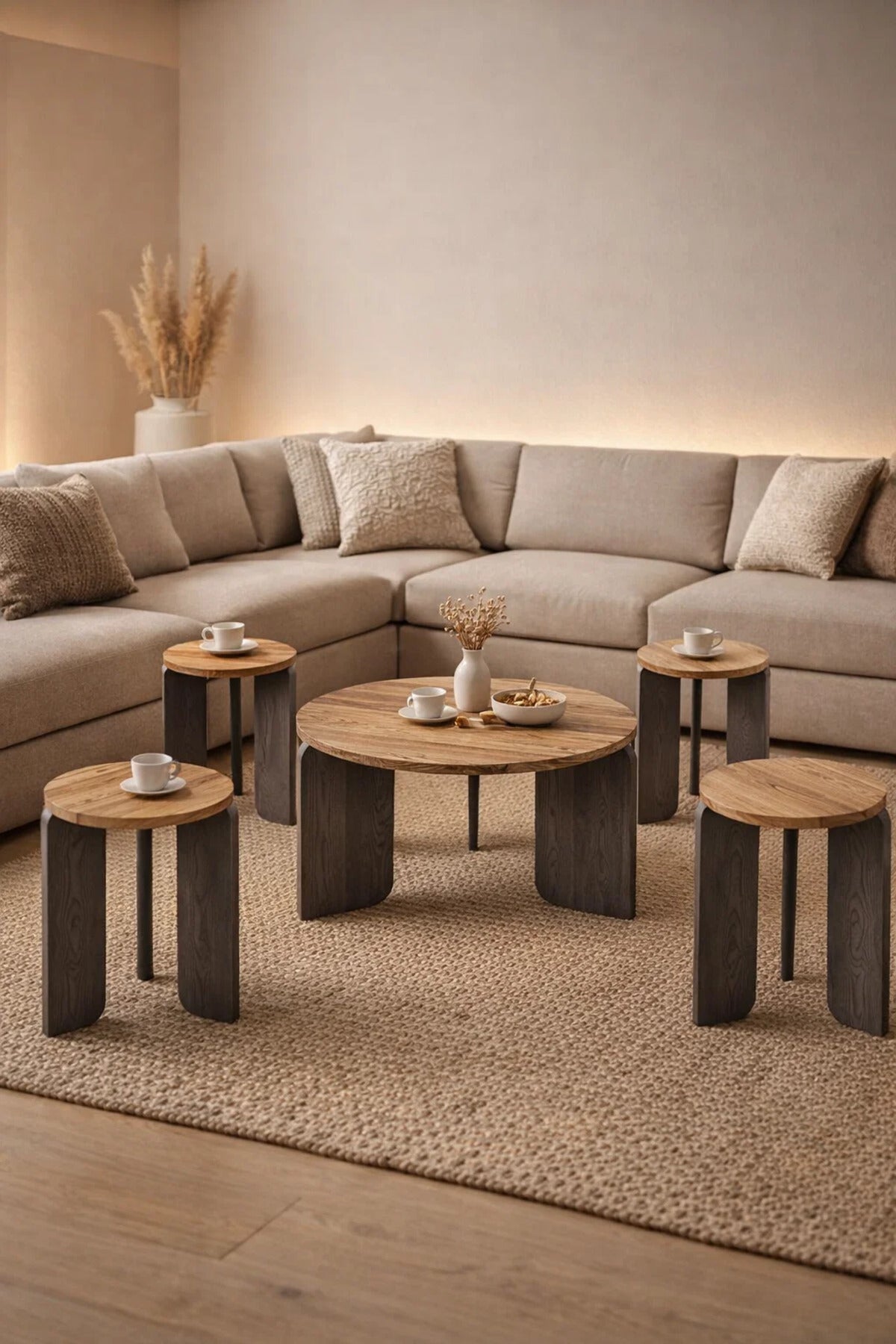Modern 5-Piece Round Coffee Table Set Wood & Grey Center Table with 4 Side Tables Living Room