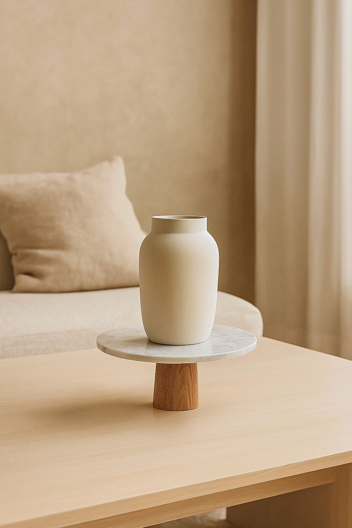 White Marble Decorative Stand Ð Round Display Pedestal with Wooden Base