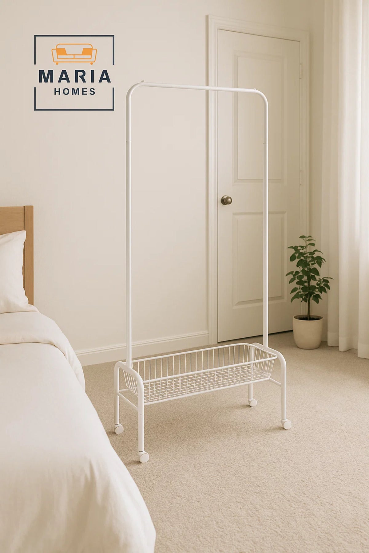 White Steel Garment Rack with Bottom Storage Basket