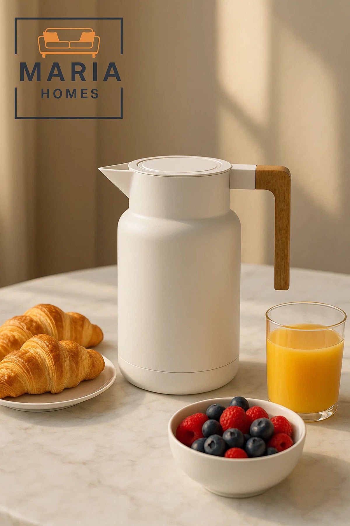 Matte White Thermal Insulated Carafe with Wooden Handle