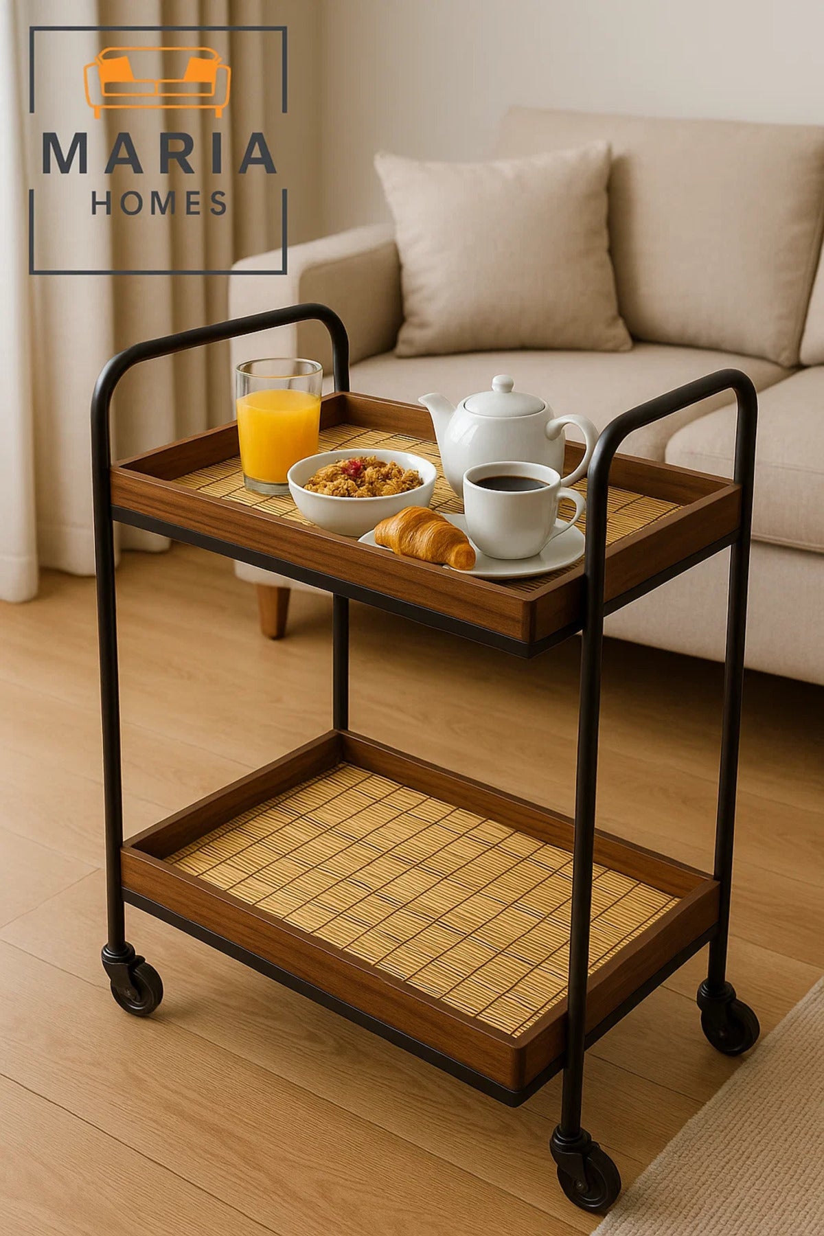 Style Rattan Bar Cart Ð 2-Tier Serving Trolley with Black Frame and Natural Wood Shelf Accents