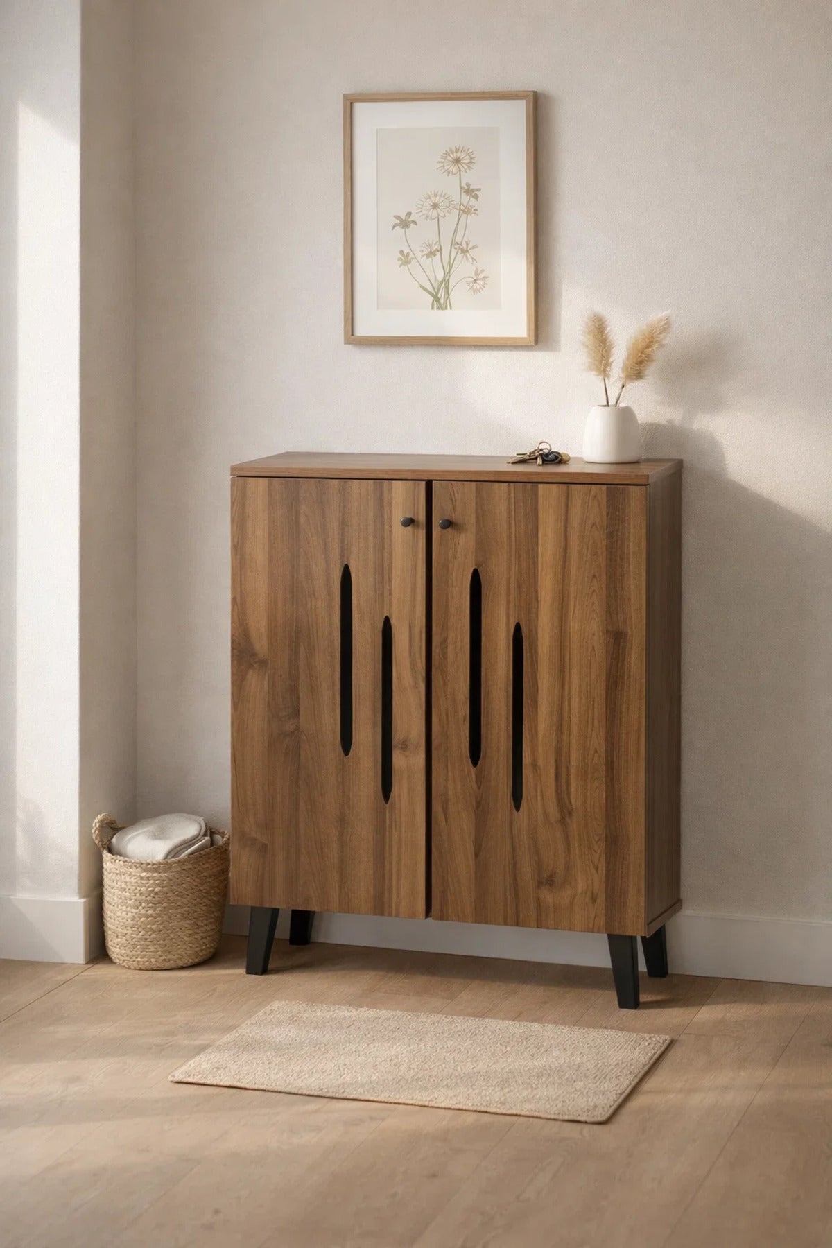 Modern Wooden Shoe Cabinet Dark Brown with Vertical Cut Out Design 80 x 32 x 94 cm