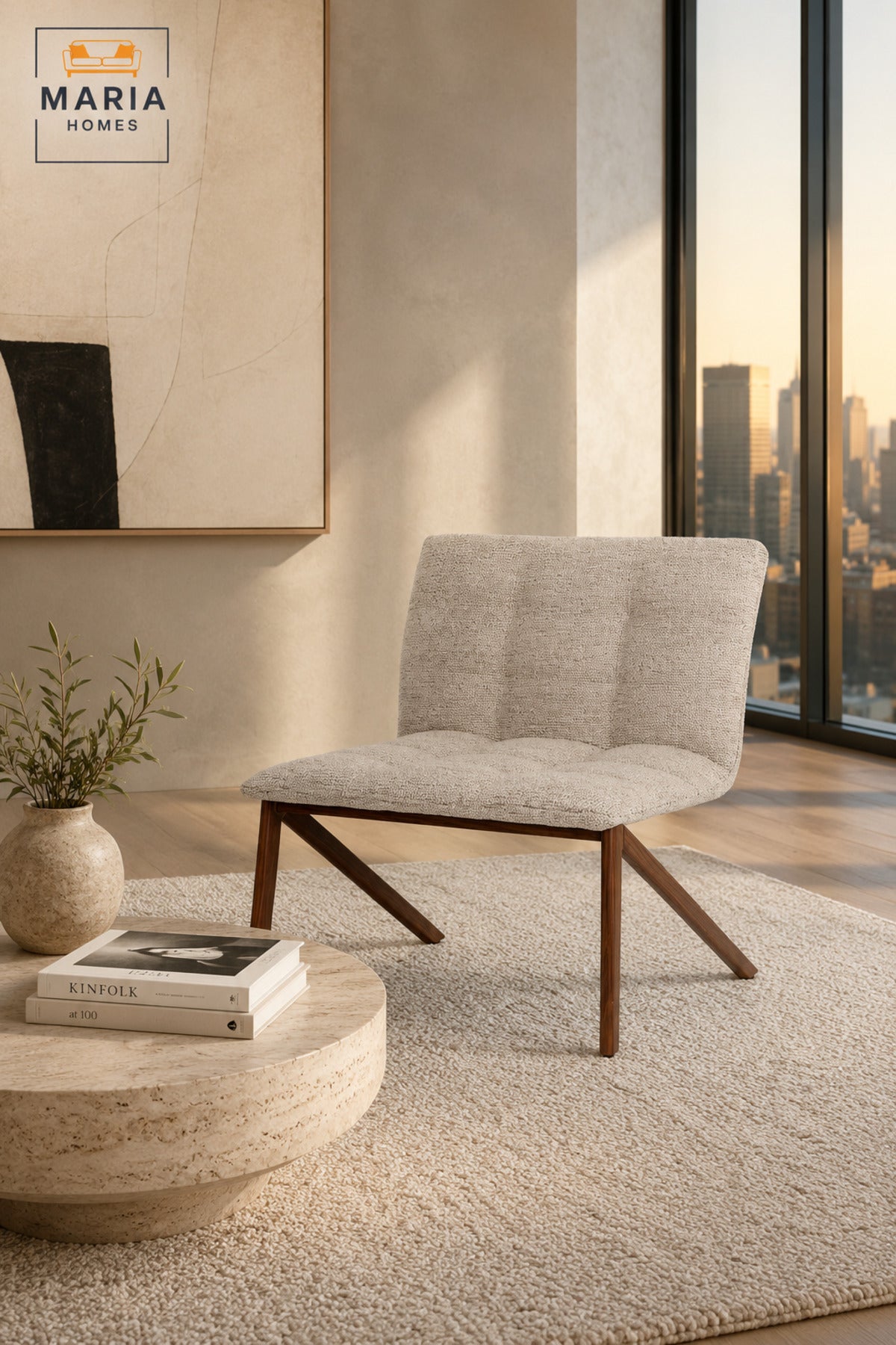 Modern Beige Fabric Lounge Chair with Wood Print Legs Ð Upholstered Accent Chair for Living Room, Bedroom, Lounge & Reception Area