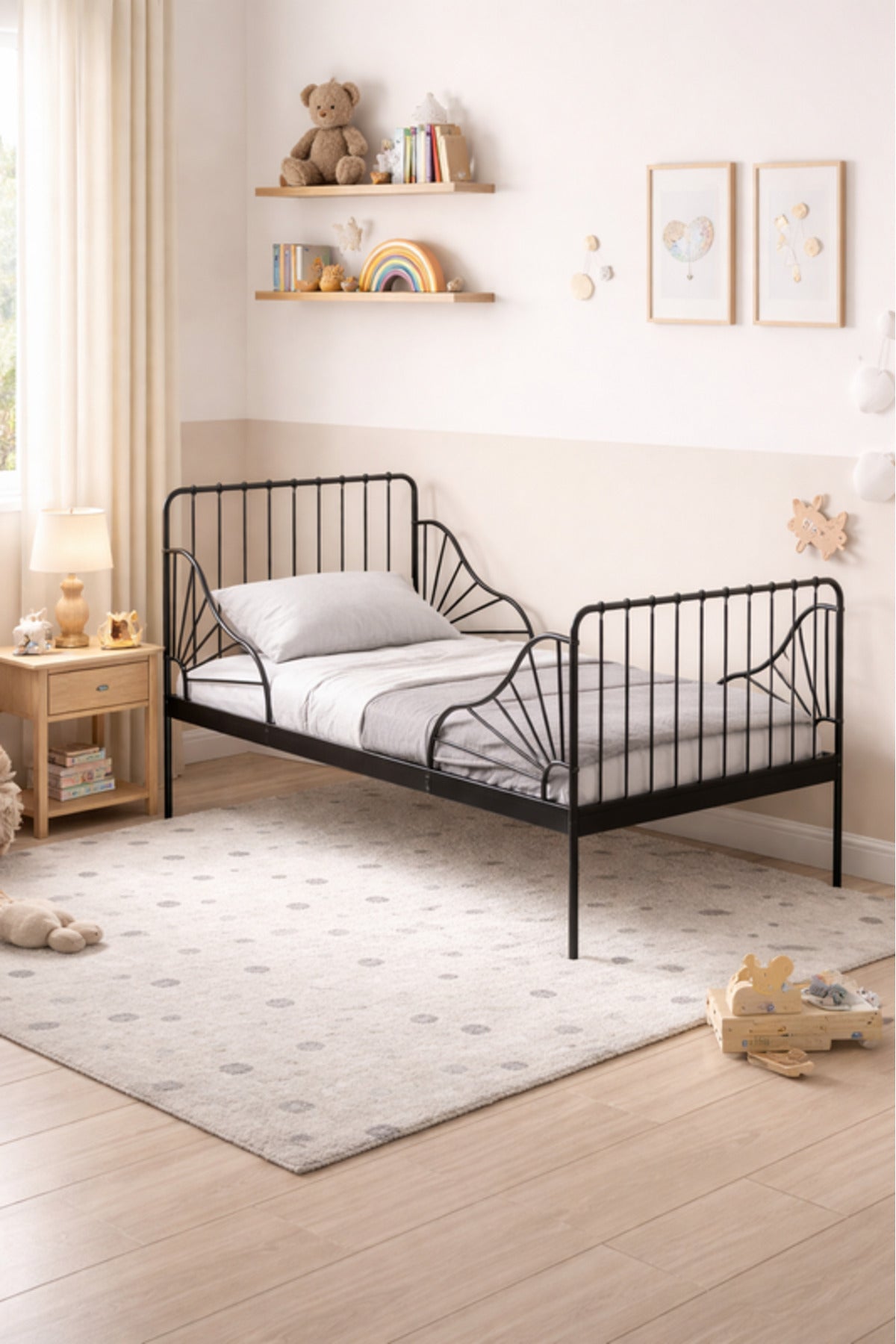 Black Metal Kids Bed Frame with Decorative Side Panels black metal kids / Base