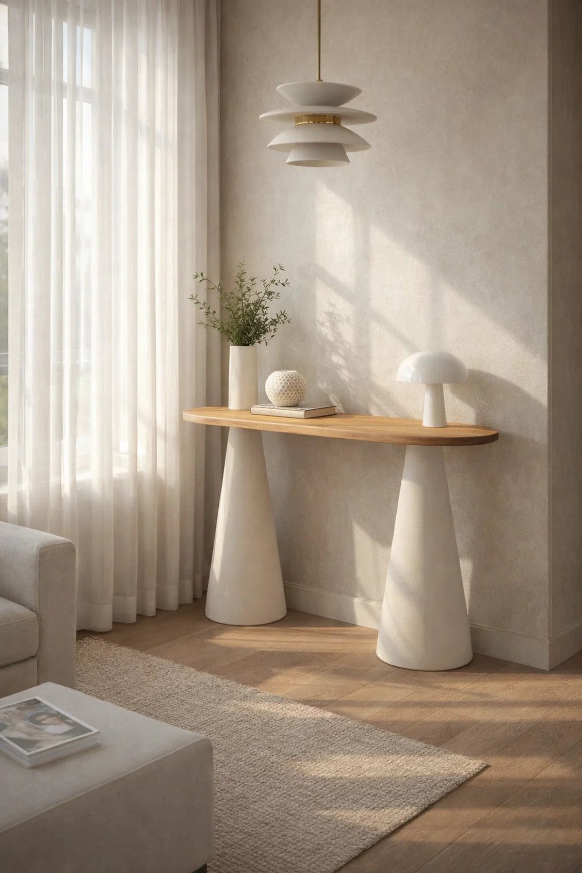 Elegant Oval Wood Console Table with Beige Conical Legs for Modern Home Entryway Decor 47in