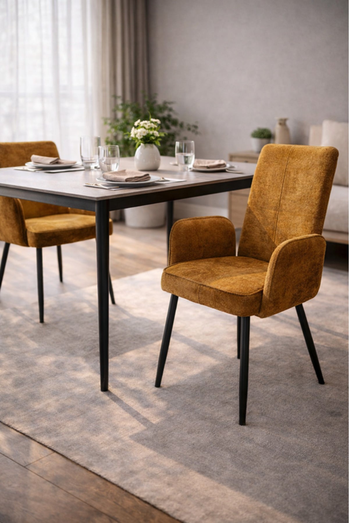 Dark Yellow Upholstered Dining Chair with Armrests and Metal Legs 96x49x46cm dark
