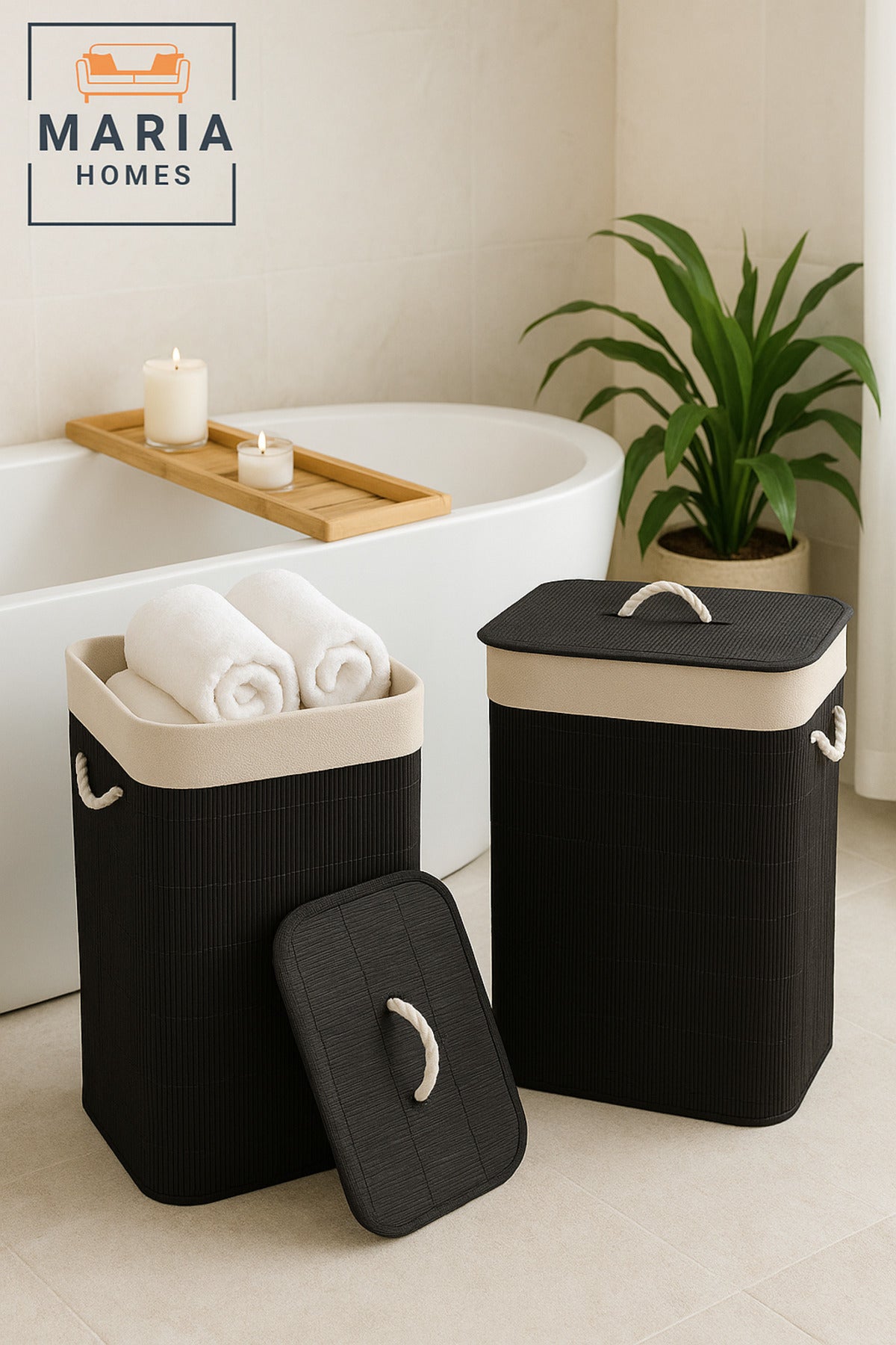 Black Bamboo Laundry Basket with Lid & Rope Handles Ð 40_30_57 cm