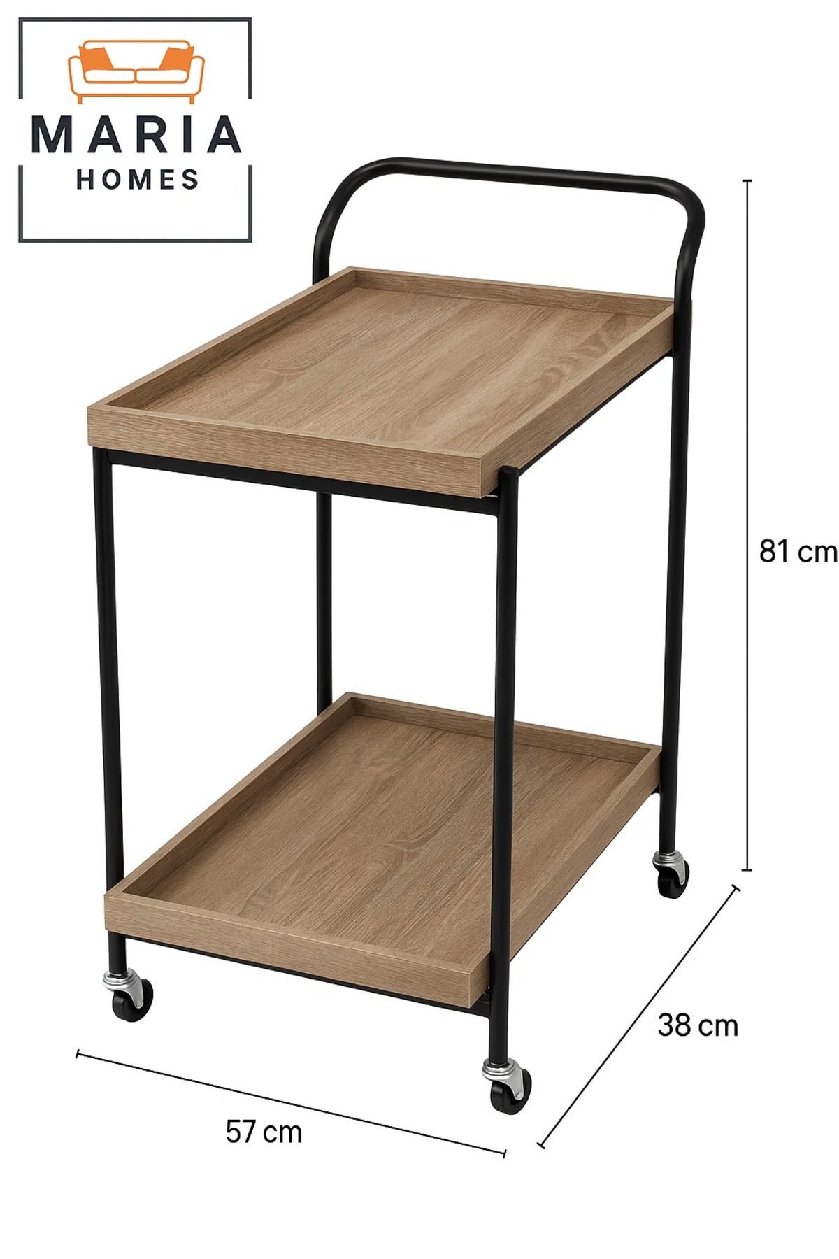 Rustic 2-Tier Serving Trolley Ð Light Oak Wood Bar Cart with Black Metal Frame and Rolling Wheels