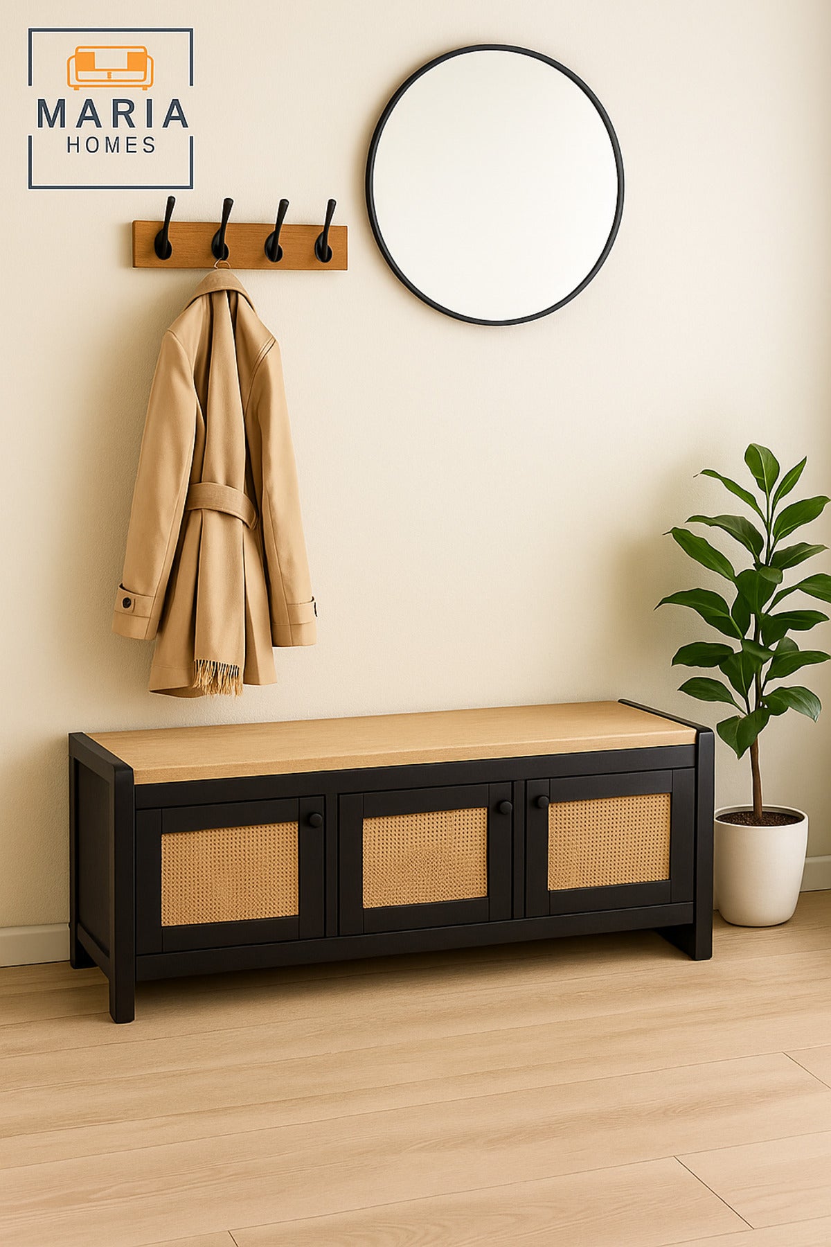 Black Wooden Storage Bench with Rattan Doors & Cushion Seat Ð Shoe Cabinet (120_40_52 cm)