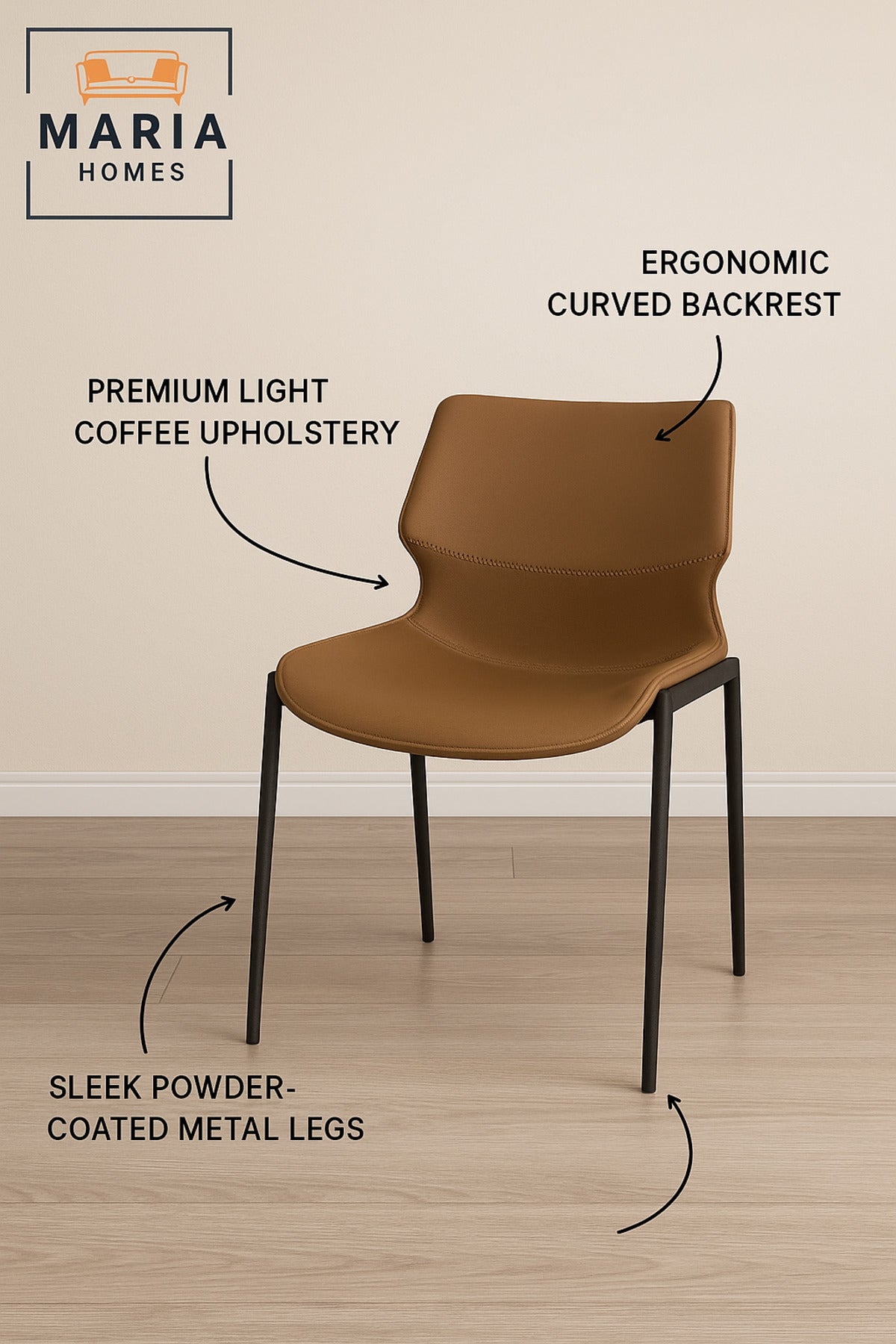 Modern Light Coffee Dining Chair with Cushioned Seat and Black Metal Legs