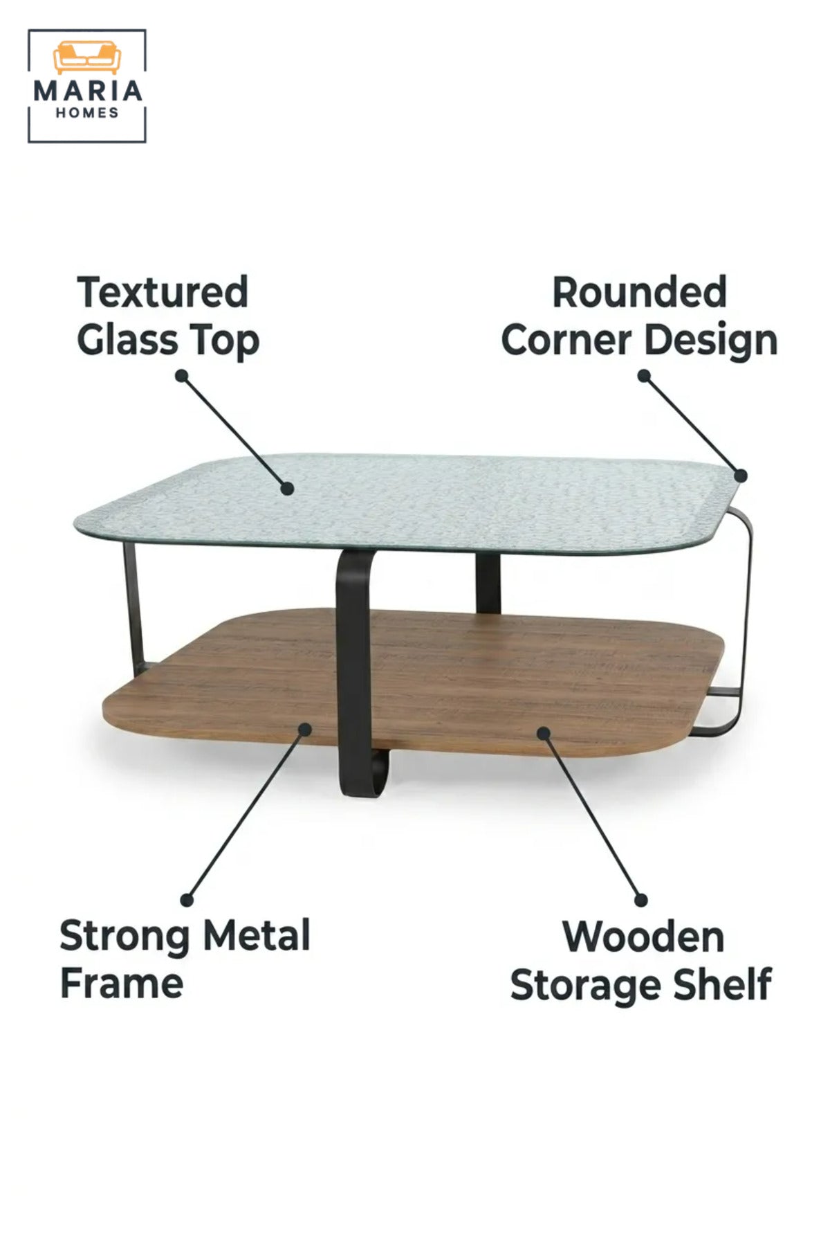 Modern Square Coffee Table with Textured Glass Top, Wooden Lower Shelf and Curved Frame, Two-Level Center Table for Living Room, Lounge and Office