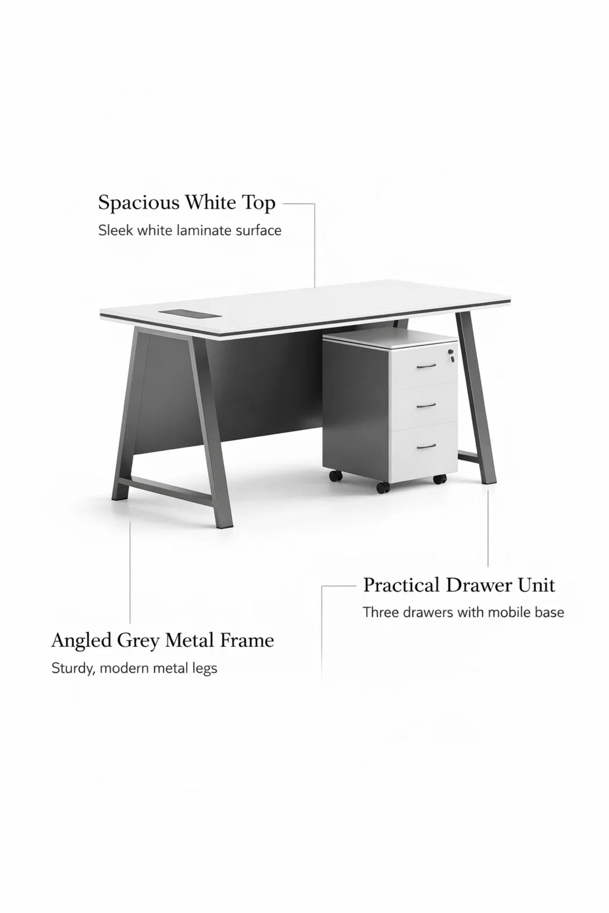 Stylish 100cm Office Desk with Lockable Mobile Drawer Unit Modern Workstation Grey Metal Frame