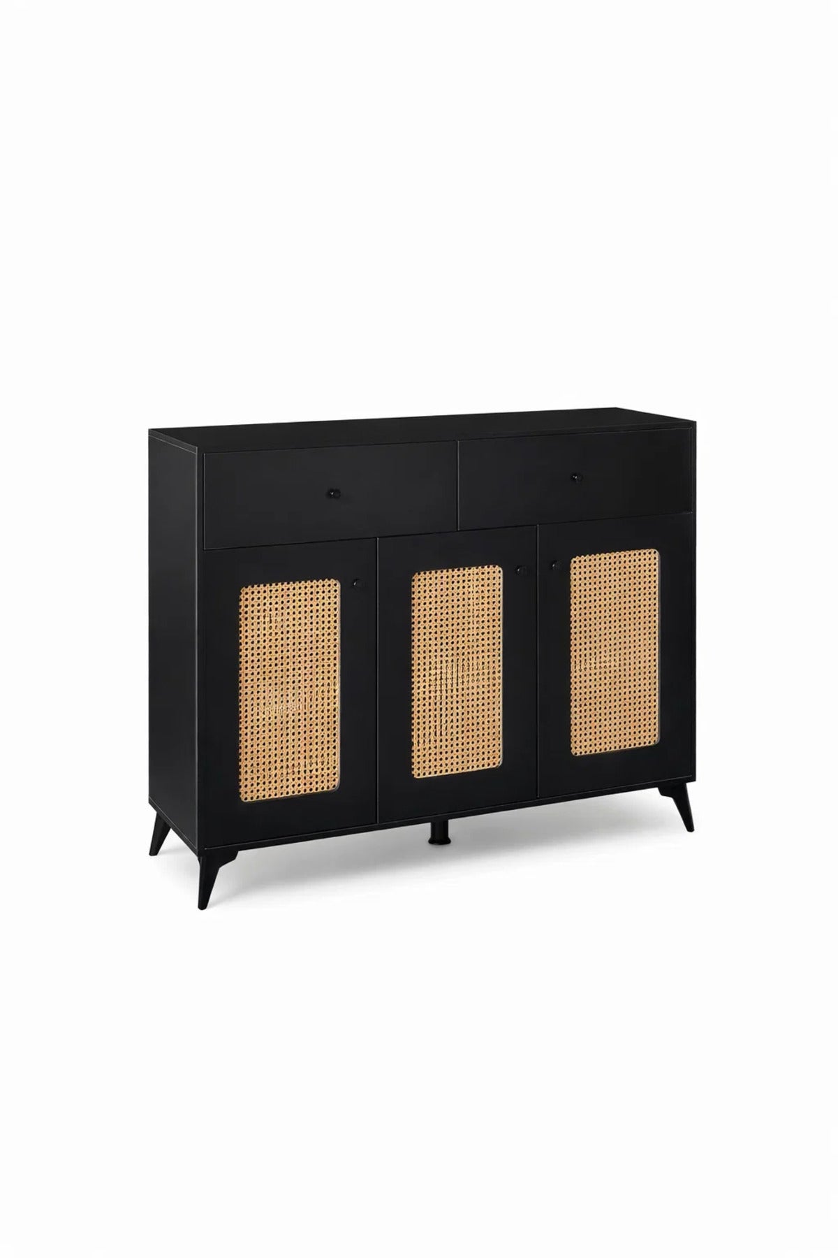 Stylish Black Cane Webbing Shoe Cabinet 3 Doors 2 Drawers Entryway Console Table 120x35x95cm