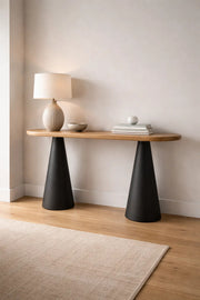 Contemporary Oval Console Table Black and Brown Wood Entryway Furniture with Sturdy Legs - 120cm
