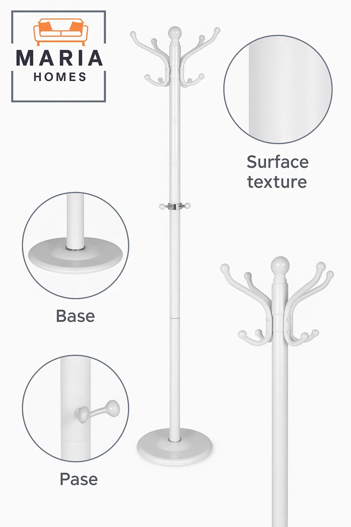 White Standing Coat Rack with Rounded Hooks and Stable Circular Base
