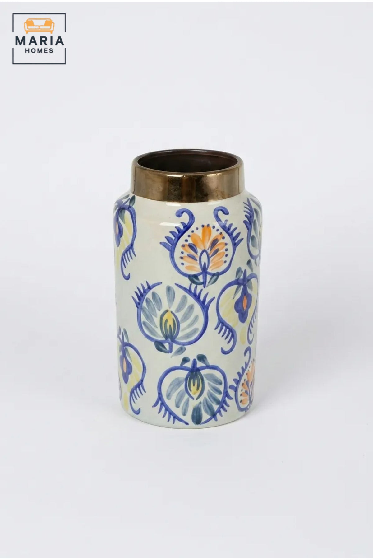 Multicolour Floral Decorative Vase, Modern Cylindrical Ceramic Flower Holder with Metallic Neck for Living Room, Bedroom, Office, Shelf and Table Décor