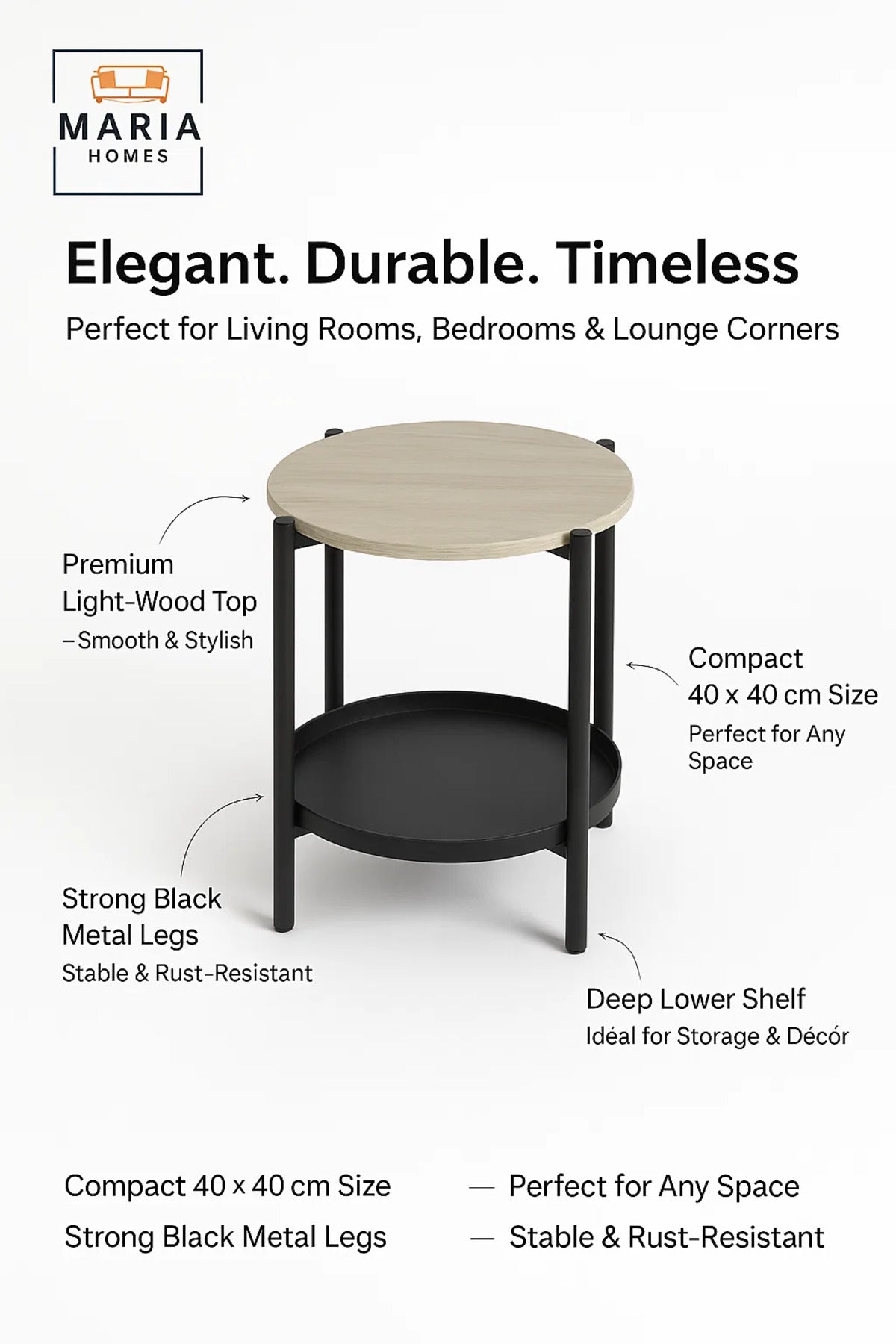 Modern Light Wood Side Table √ê Round Coffee Table with Black Storage Shelf 40_40_55 cm