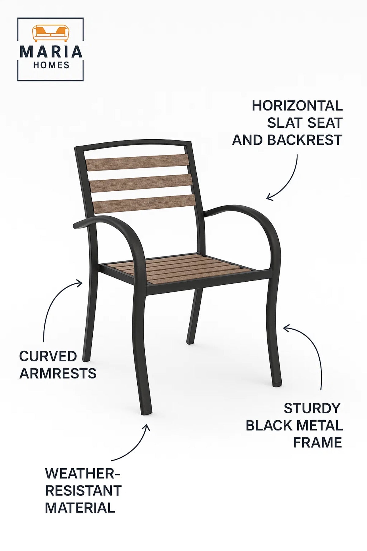Brown & Black Outdoor Dining Chair Metal Frame Garden Patio Balcony Durable Modern Armchair