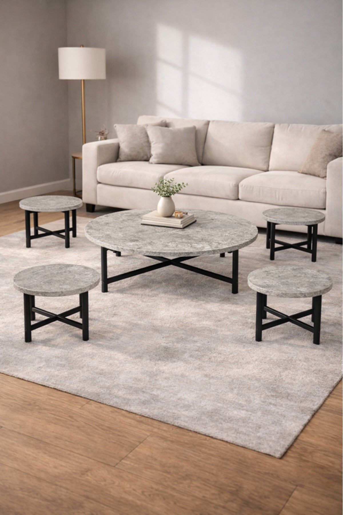 Modern Round Grey Coffee Table Set 1+4 √ê Marble Look Top with Black Frame