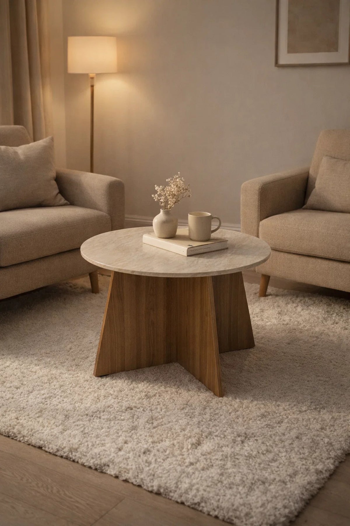 Round Coffee Table Marble Top with Brown Wooden Legs 90 x 45 cm