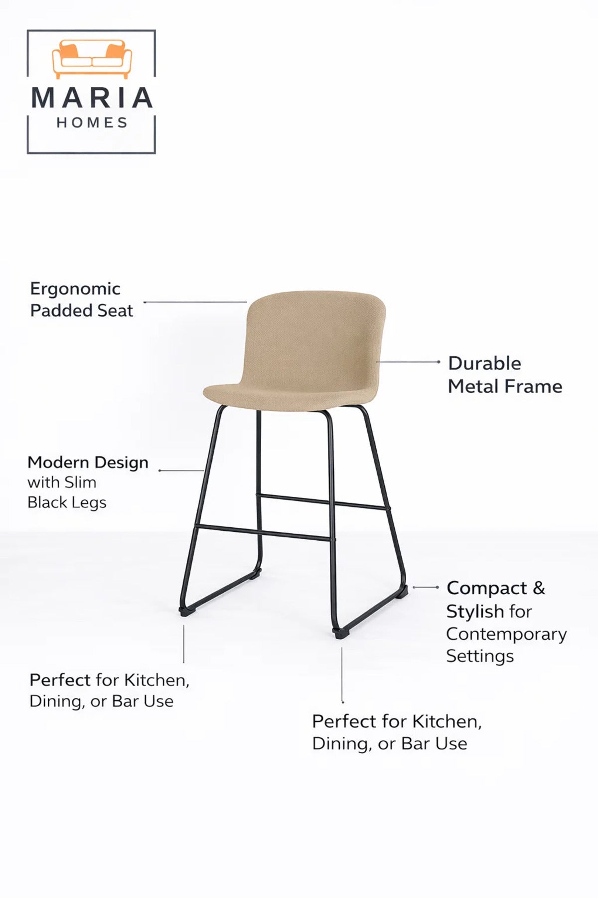 Beige Upholstered Bar Stool with Black Metal Frame √ê Modern Counter Chair